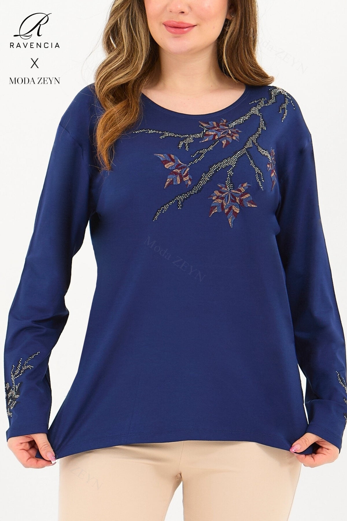 Kadın Orta Yaş Ve Üzeri Viskon Renkli Yaprak Desenli Taşlı İşlemeli Likralı Kahverengi Anne Penye Bl