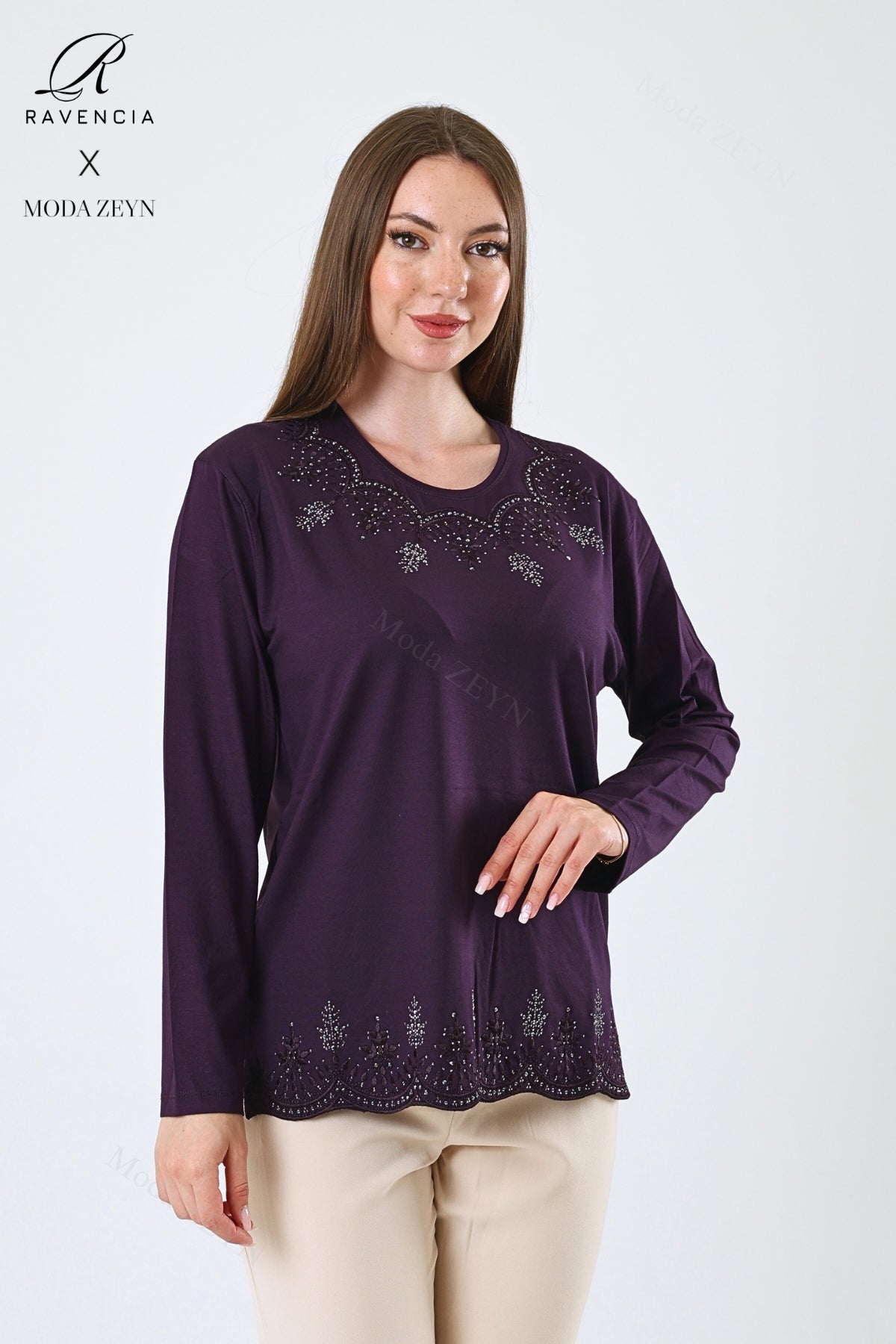 Kadın Orta Yaş Ve Üzeri Viskon Yaprak Desenli Eteği Yakası Taşlı Işlemeli Likralı Zümrüt Anne Penye