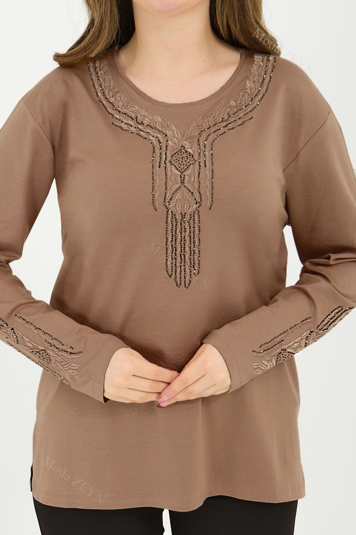 Kadın Orta Yaş Ve Üzeri Viskon Madolyon Desen Taşlı Işlemeli Likralı Anne Penye Bluz