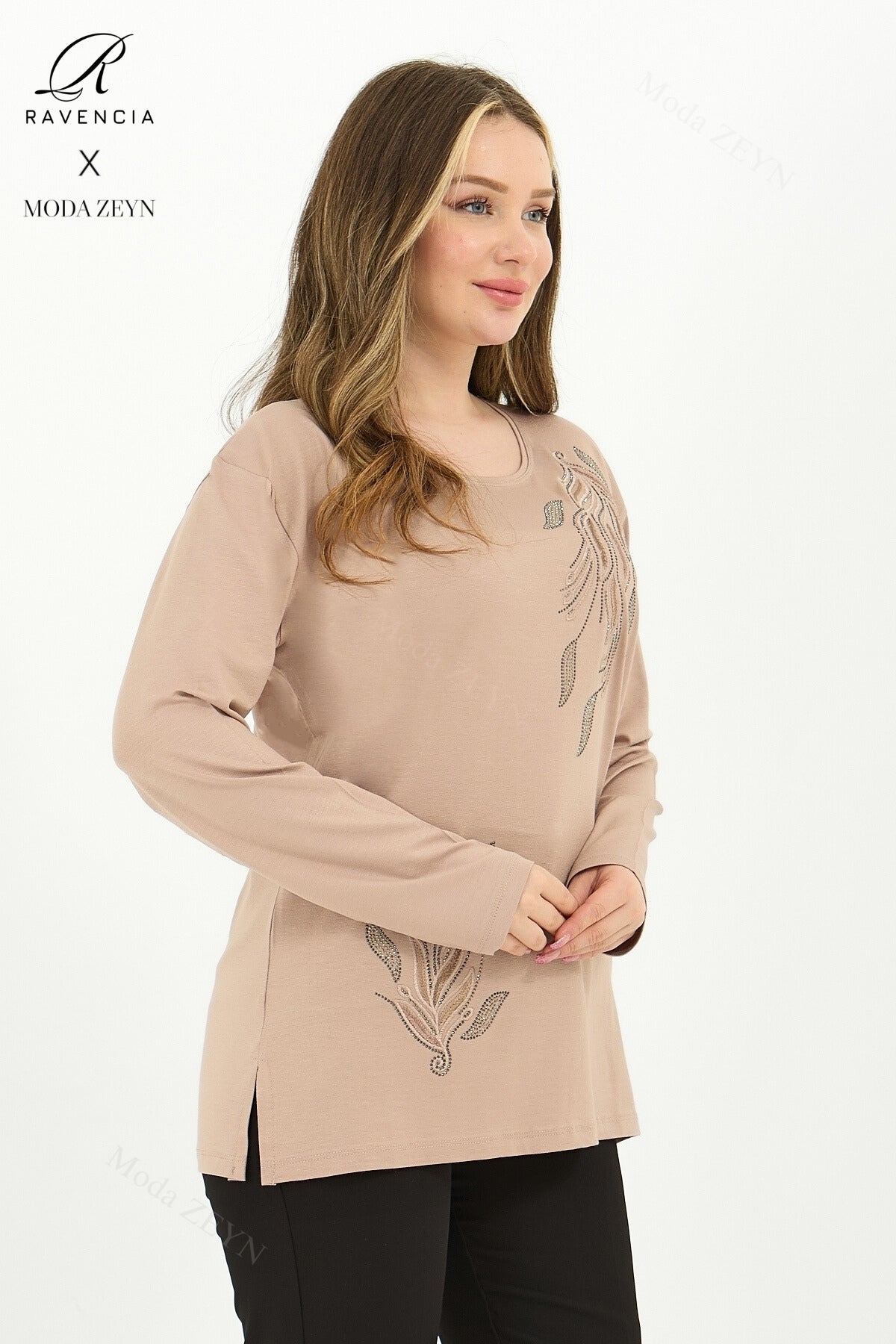 Kadın Orta Yaş Ve Üzeri Viskon Renkli Yaprak Desen Taşlı İşlemeli Likralı Anne Penye Bluz