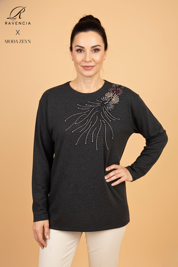 Kadın Damla Desenli Taşlı Likralı Yırtmaçlı Yün Anne Penye Bluz