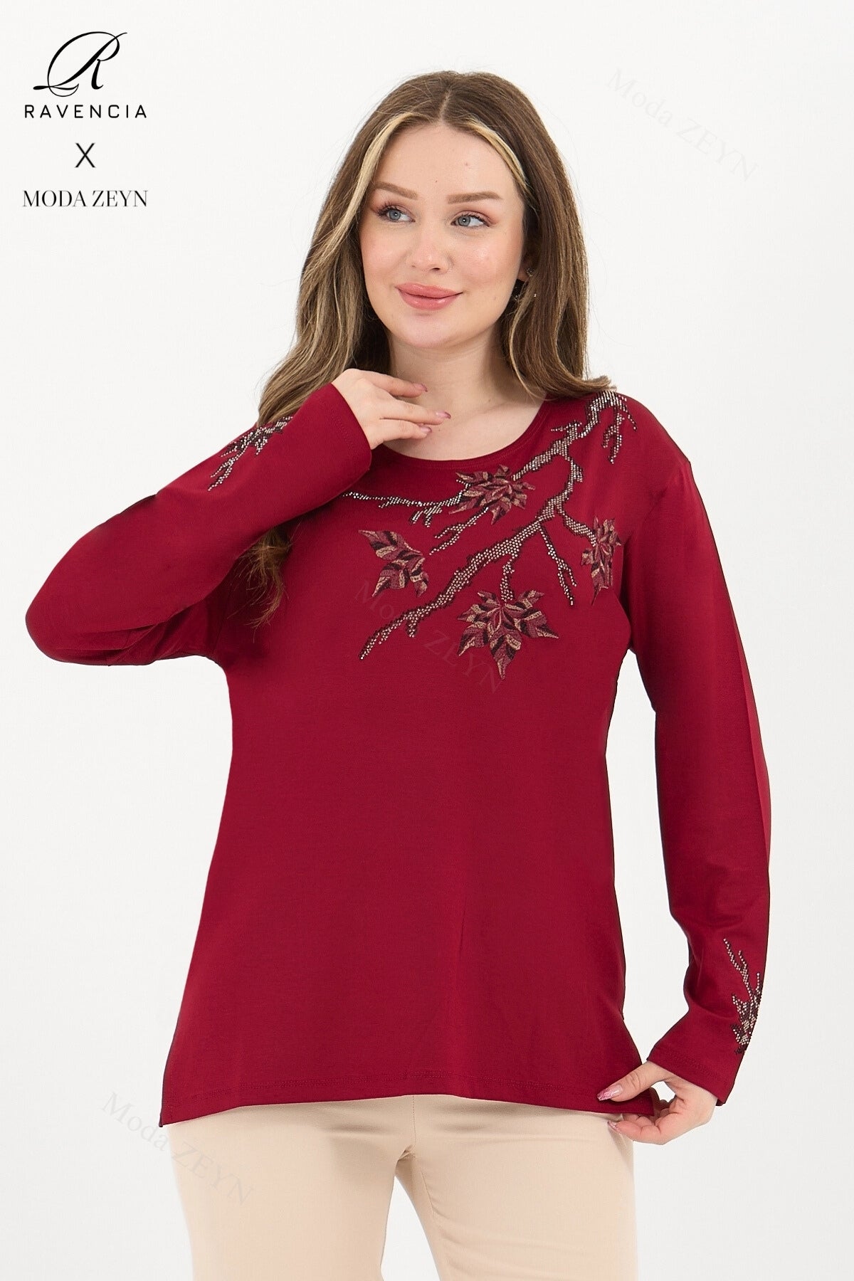 Kadın Orta Yaş Ve Üzeri Viskon Renkli Yaprak Desenli Taşlı İşlemeli Likralı Kahverengi Anne Penye Bl