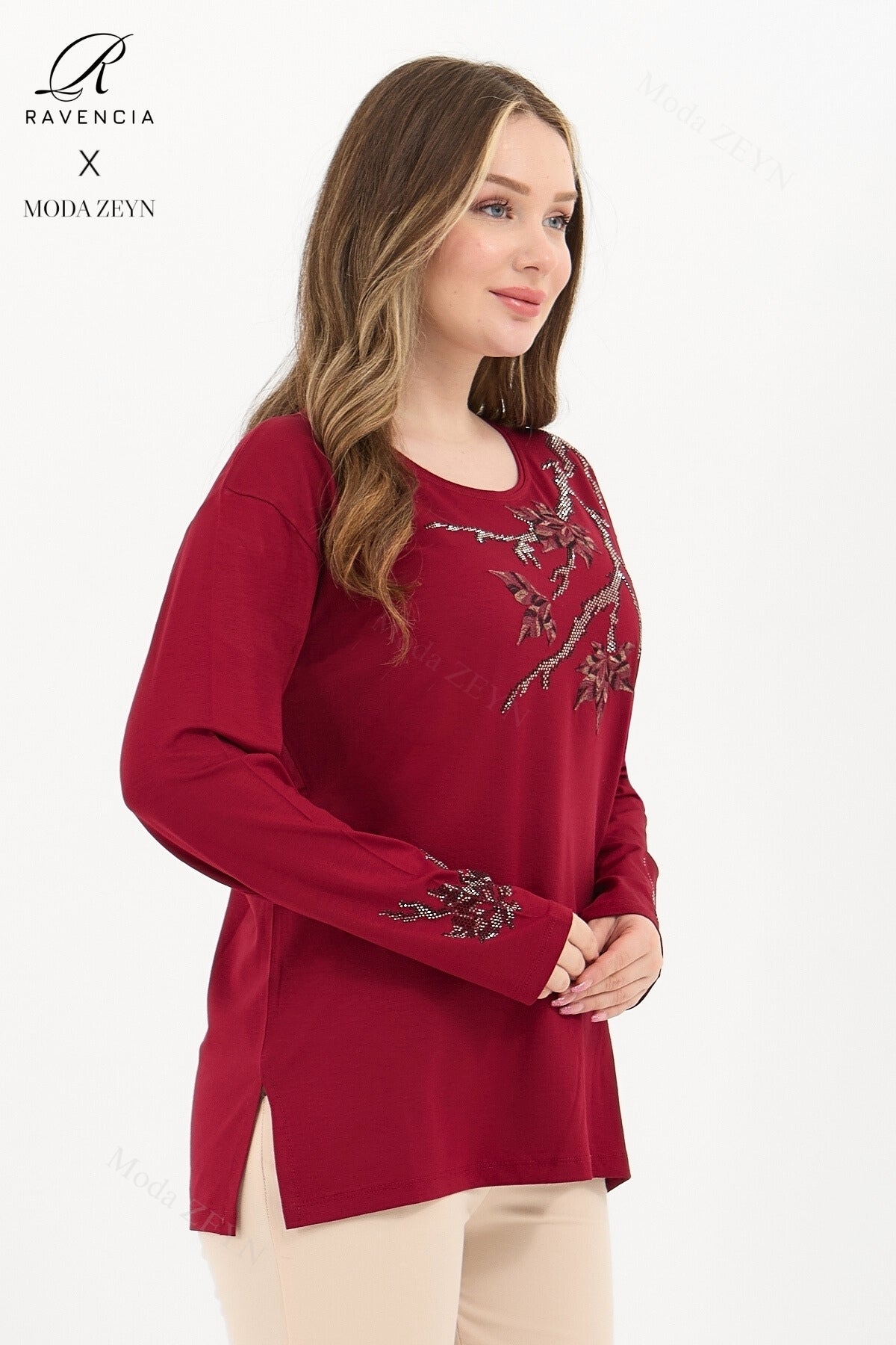 Kadın Orta Yaş Ve Üzeri Viskon Renkli Yaprak Desenli Taşlı İşlemeli Likralı Kahverengi Anne Penye Bl