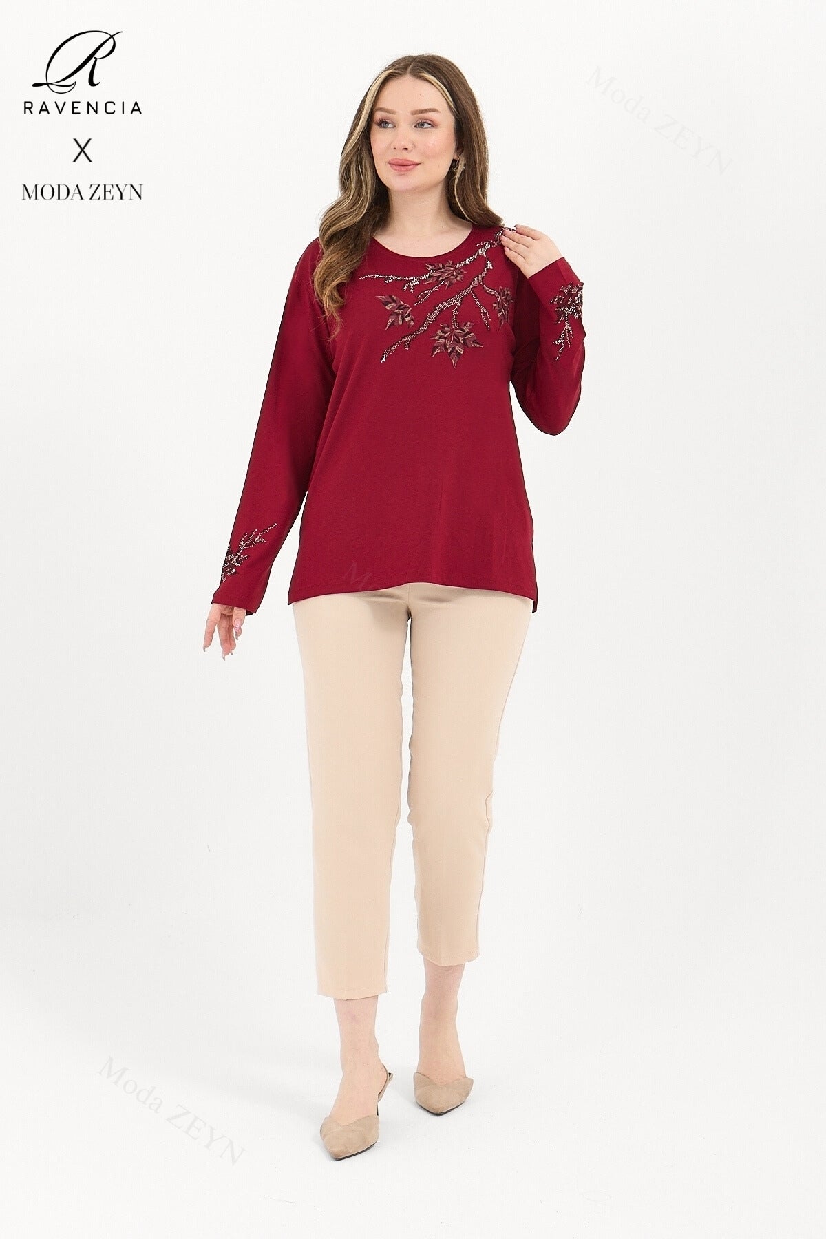 Kadın Orta Yaş Ve Üzeri Viskon Renkli Yaprak Desenli Taşlı İşlemeli Likralı Kahverengi Anne Penye Bl