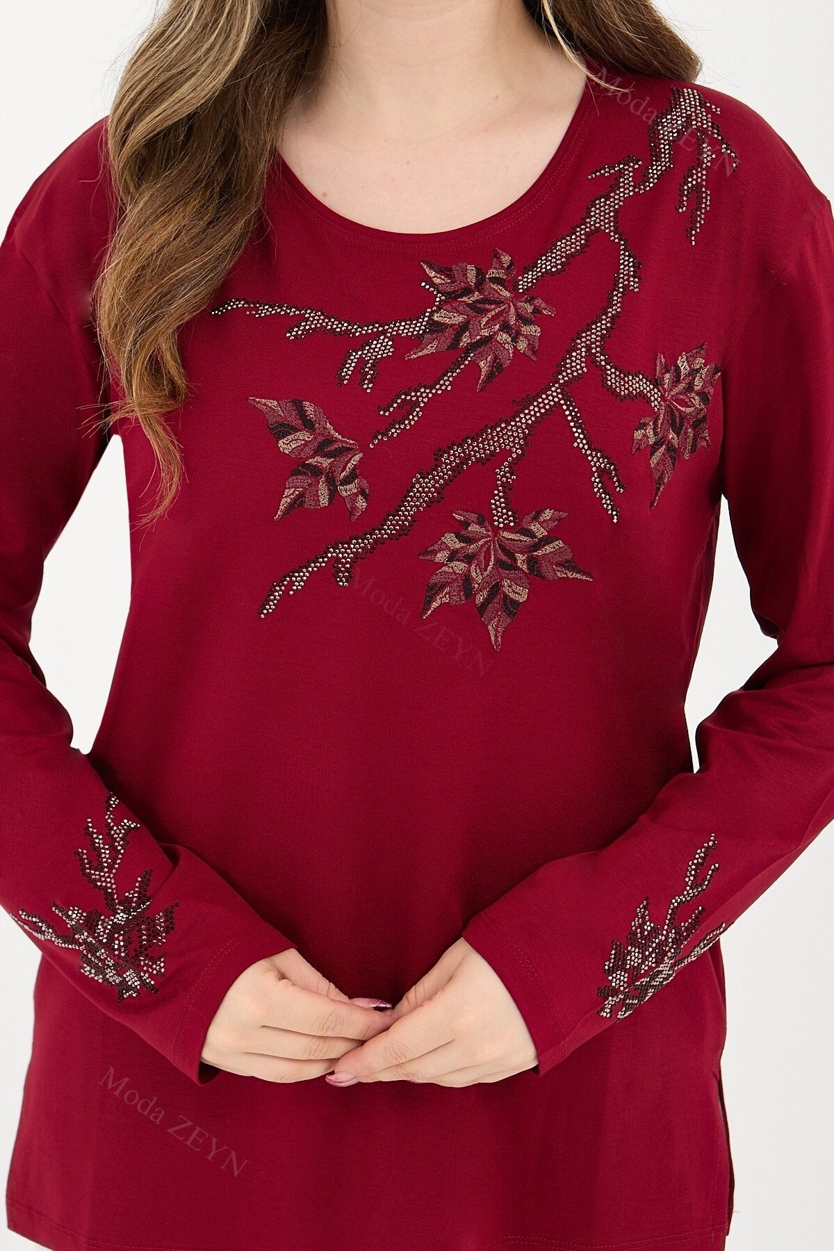 Kadın Orta Yaş Ve Üzeri Viskon Renkli Yaprak Desenli Taşlı İşlemeli Likralı Kahverengi Anne Penye Bl