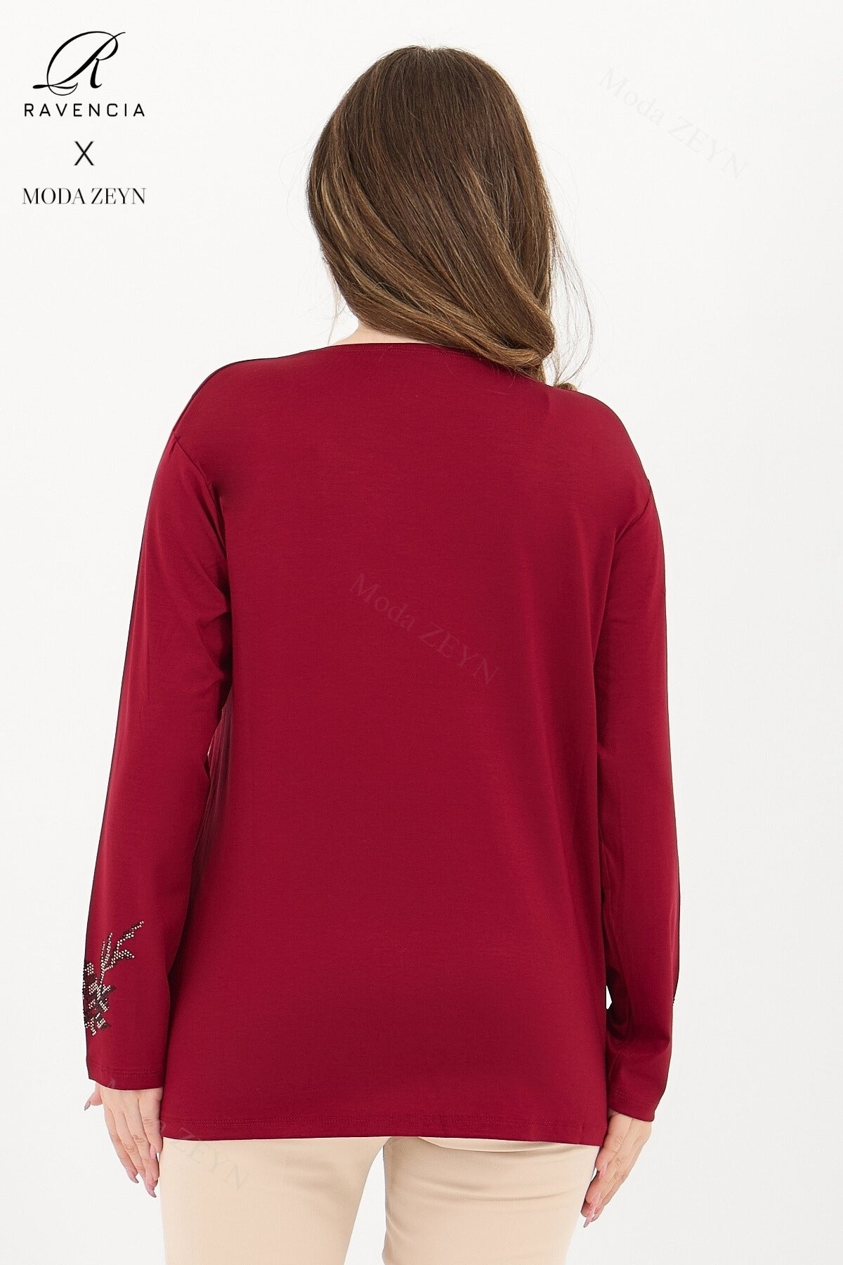 Kadın Orta Yaş Ve Üzeri Viskon Renkli Yaprak Desenli Taşlı İşlemeli Likralı Kahverengi Anne Penye Bl