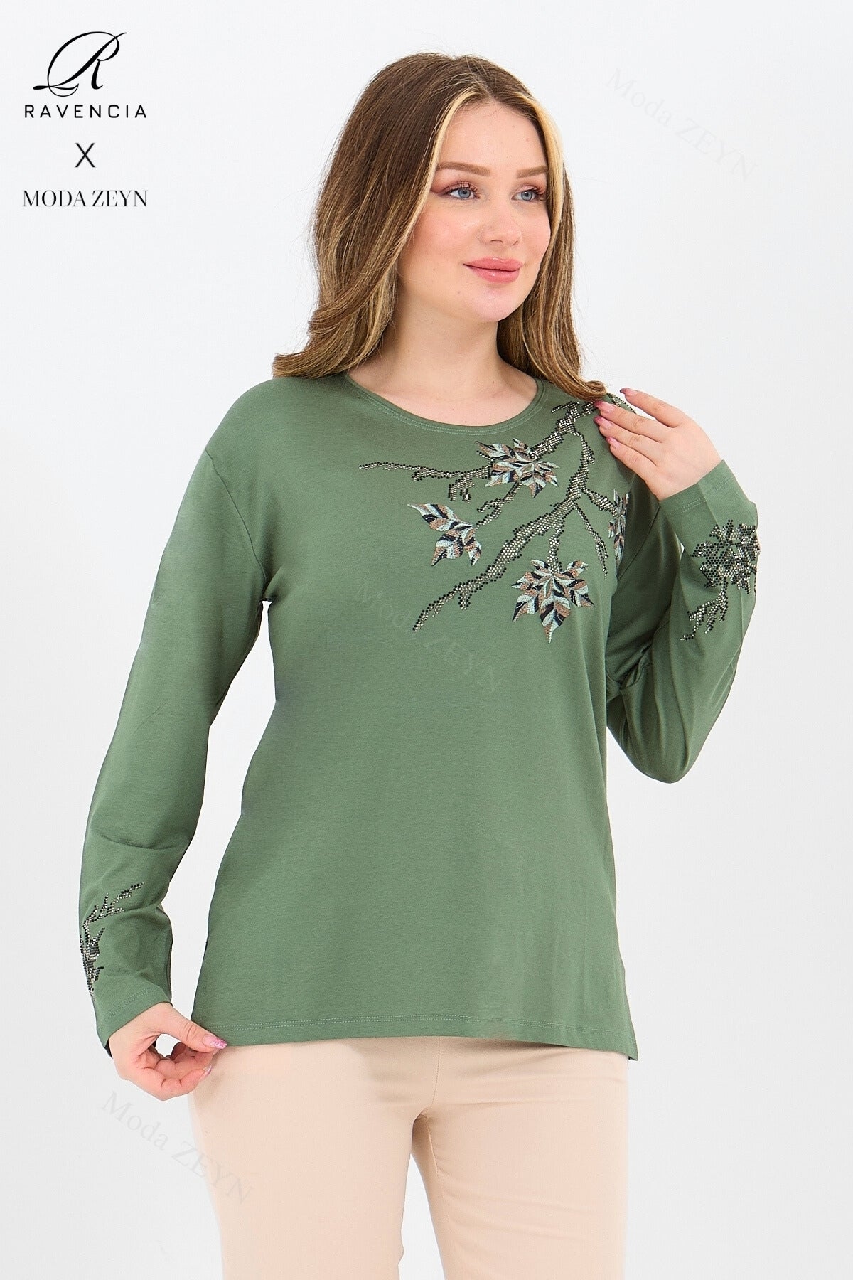 Kadın Orta Yaş Ve Üzeri Viskon Renkli Yaprak Desenli Taşlı İşlemeli Likralı Kahverengi Anne Penye Bl