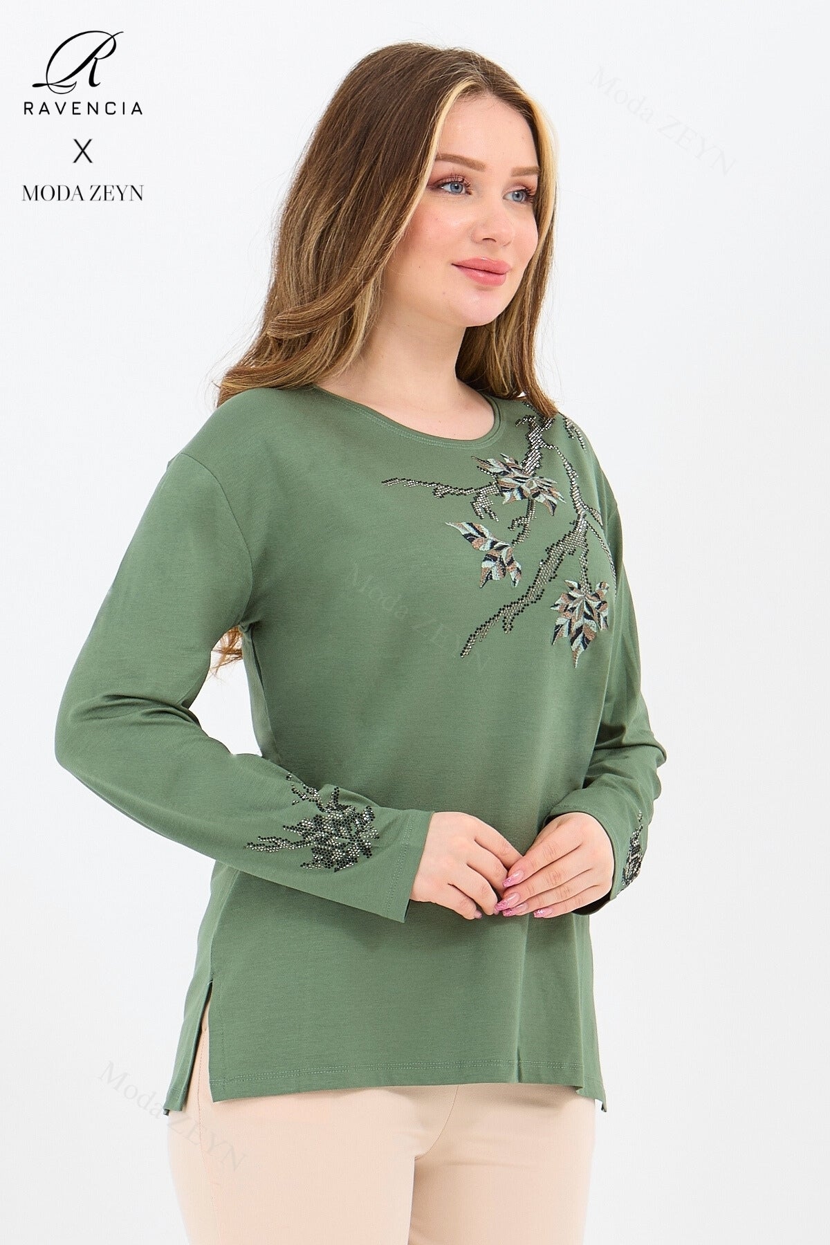 Kadın Orta Yaş Ve Üzeri Viskon Renkli Yaprak Desenli Taşlı İşlemeli Likralı Kahverengi Anne Penye Bl