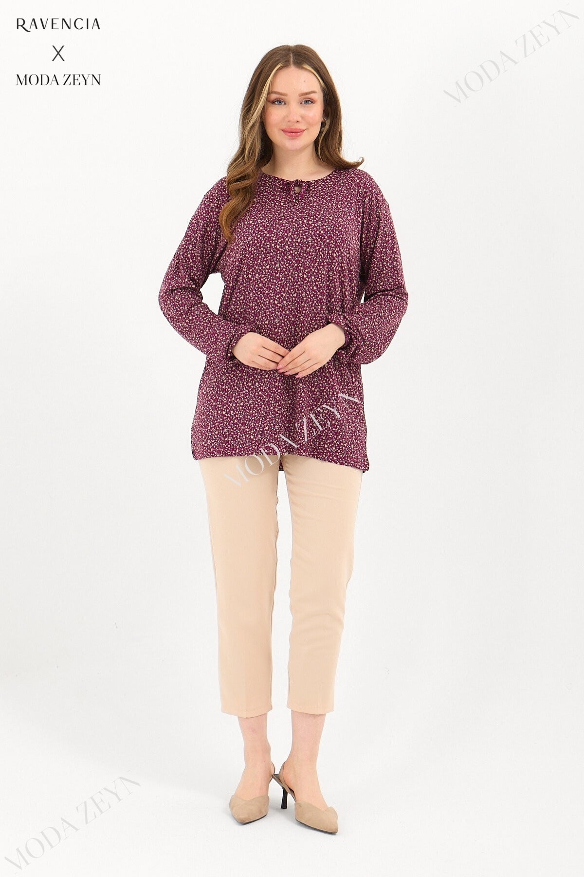 Kadın Orta Yaş Ve Üzeri Puantiyeli Baskılı Likralı Kiremit Anne Penye Bluz