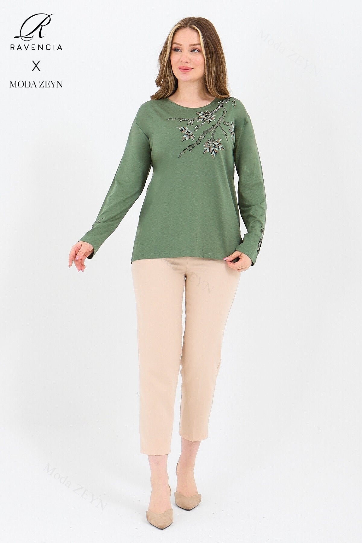 Kadın Orta Yaş Ve Üzeri Viskon Renkli Yaprak Desenli Taşlı İşlemeli Likralı Kahverengi Anne Penye Bl