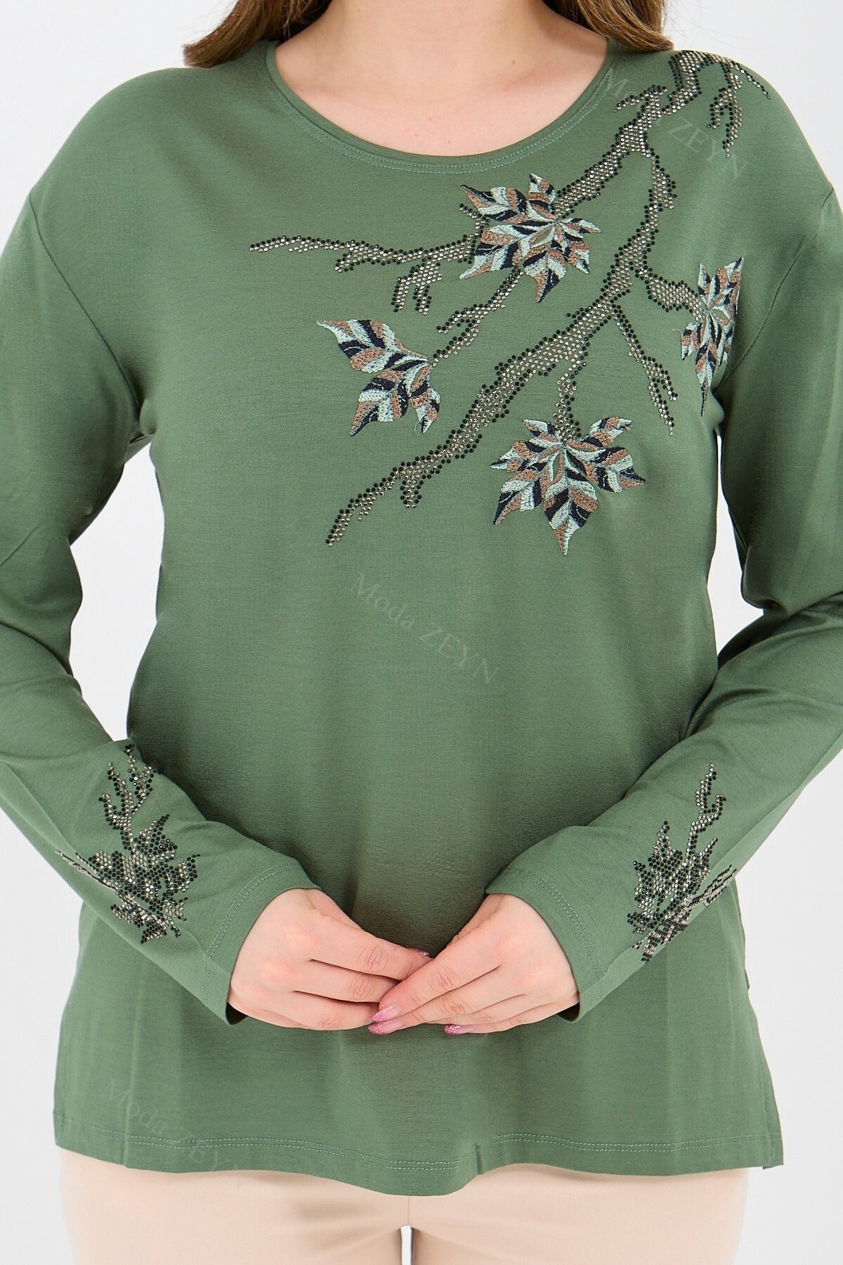 Kadın Orta Yaş Ve Üzeri Viskon Renkli Yaprak Desenli Taşlı İşlemeli Likralı Kahverengi Anne Penye Bl