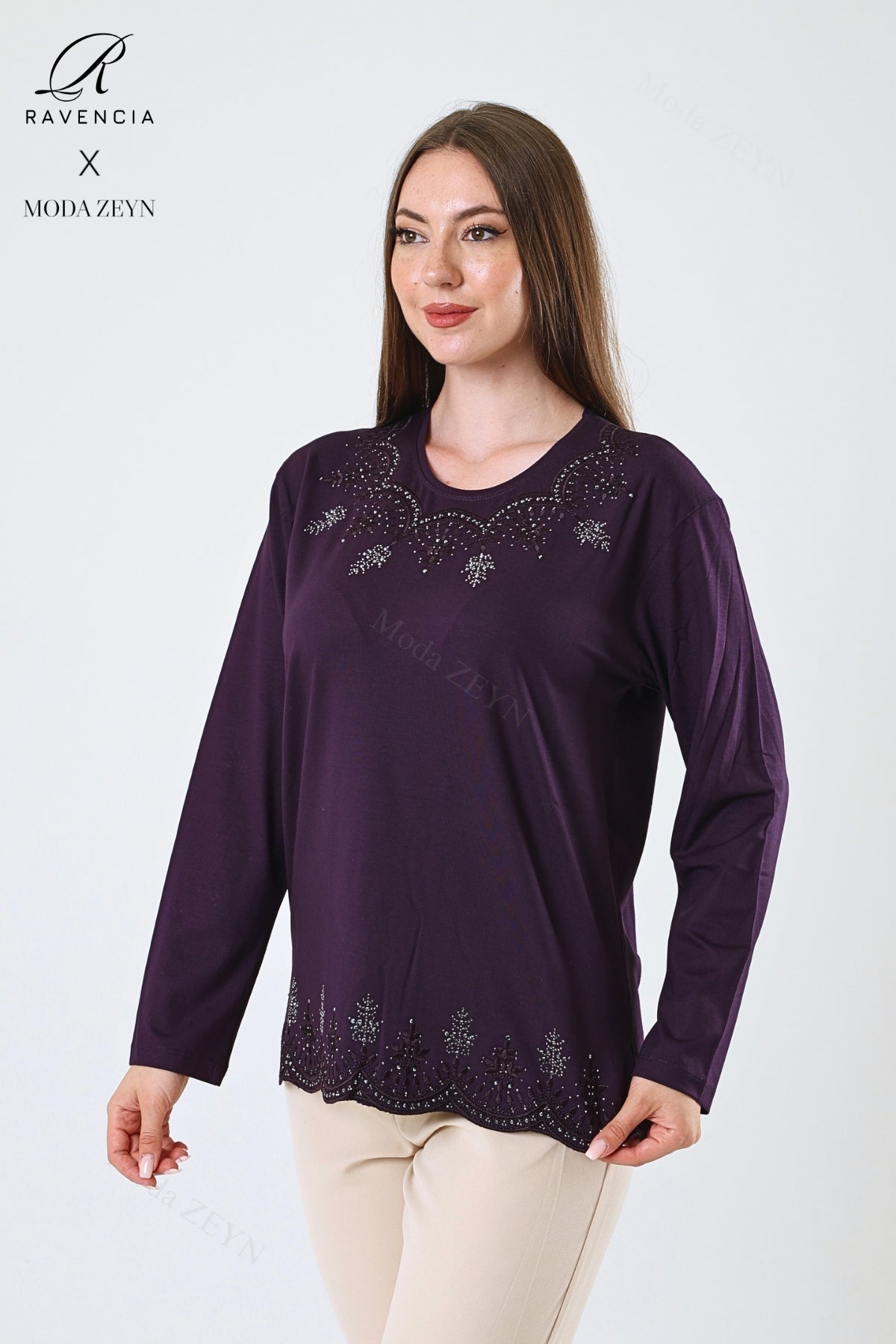 Kadın Orta Yaş Ve Üzeri Viskon Yaprak Desenli Eteği Yakası Taşlı Işlemeli Likralı Zümrüt Anne Penye