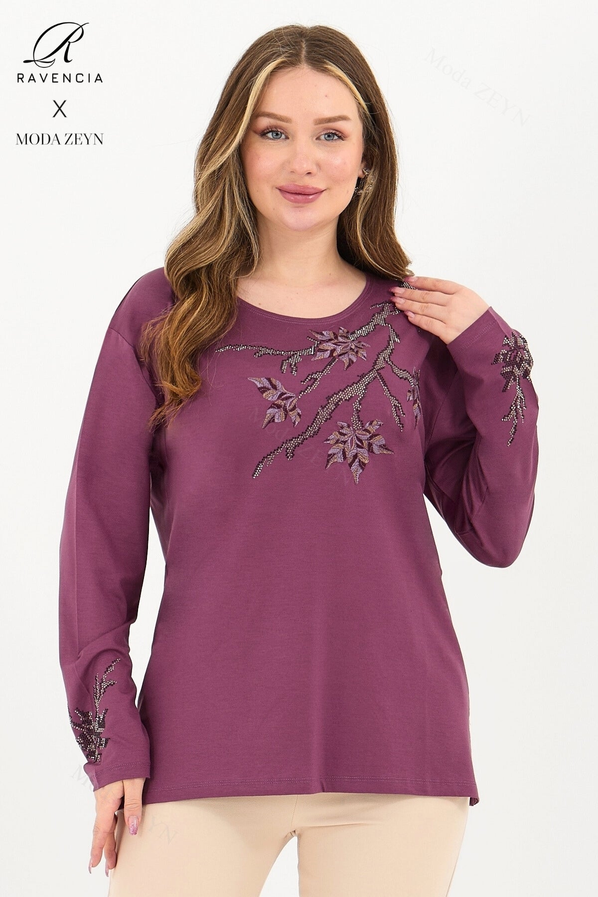 Kadın Orta Yaş Ve Üzeri Viskon Renkli Yaprak Desenli Taşlı İşlemeli Likralı Kahverengi Anne Penye Bl