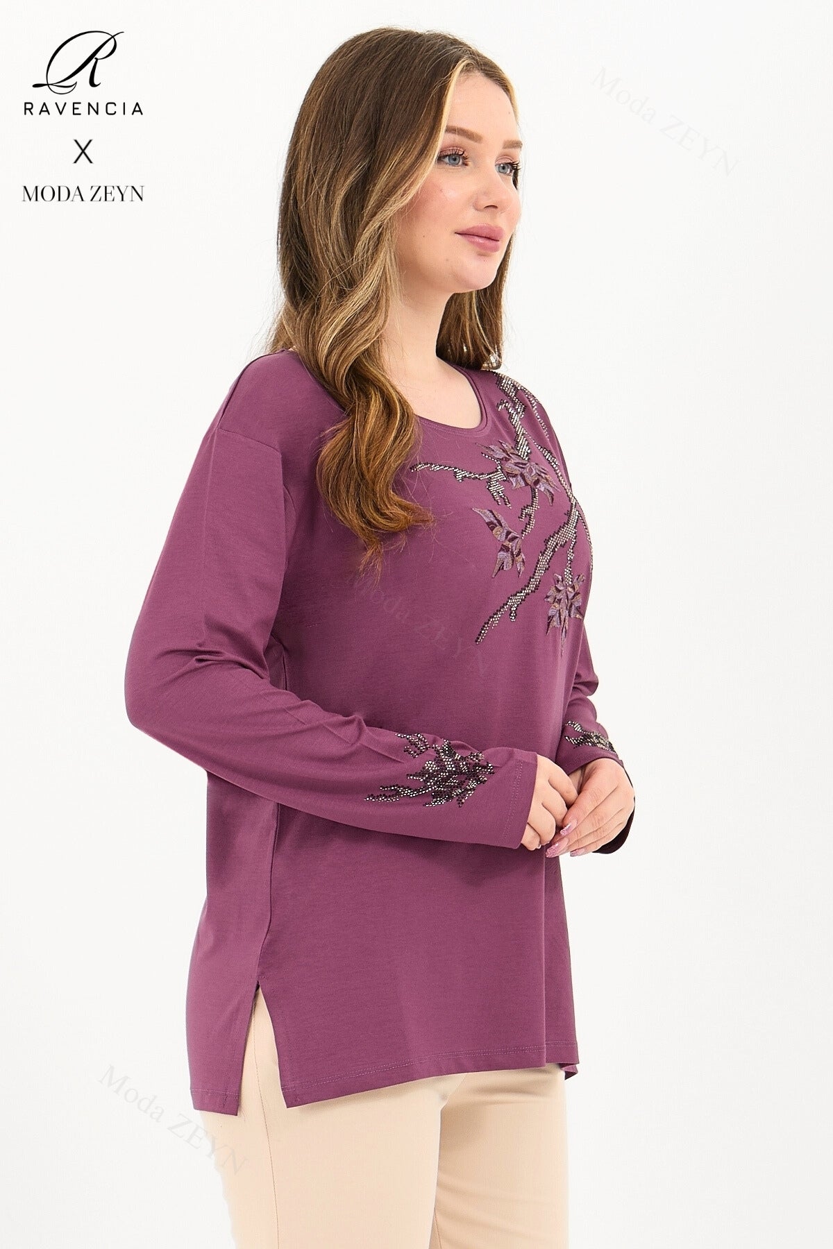 Kadın Orta Yaş Ve Üzeri Viskon Renkli Yaprak Desenli Taşlı İşlemeli Likralı Kahverengi Anne Penye Bl