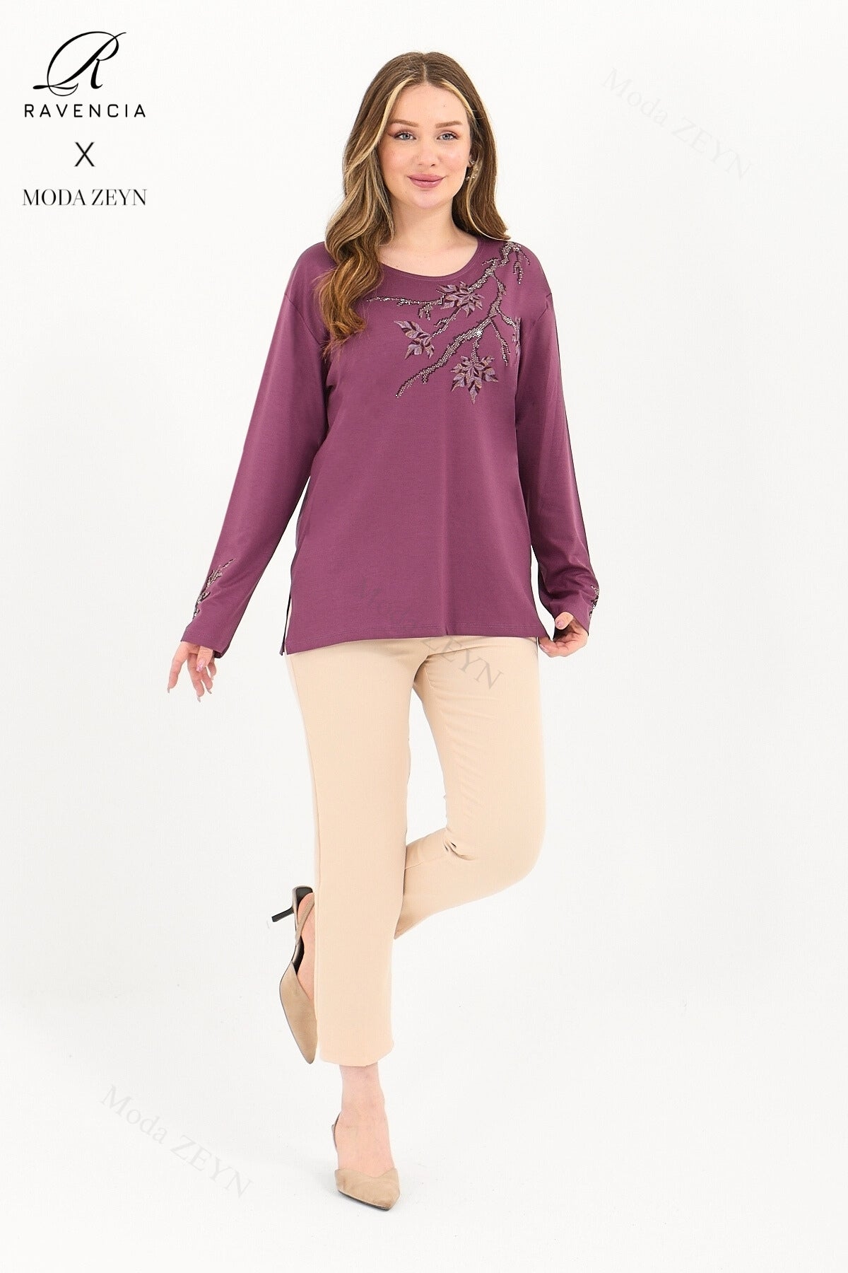 Kadın Orta Yaş Ve Üzeri Viskon Renkli Yaprak Desenli Taşlı İşlemeli Likralı Kahverengi Anne Penye Bl