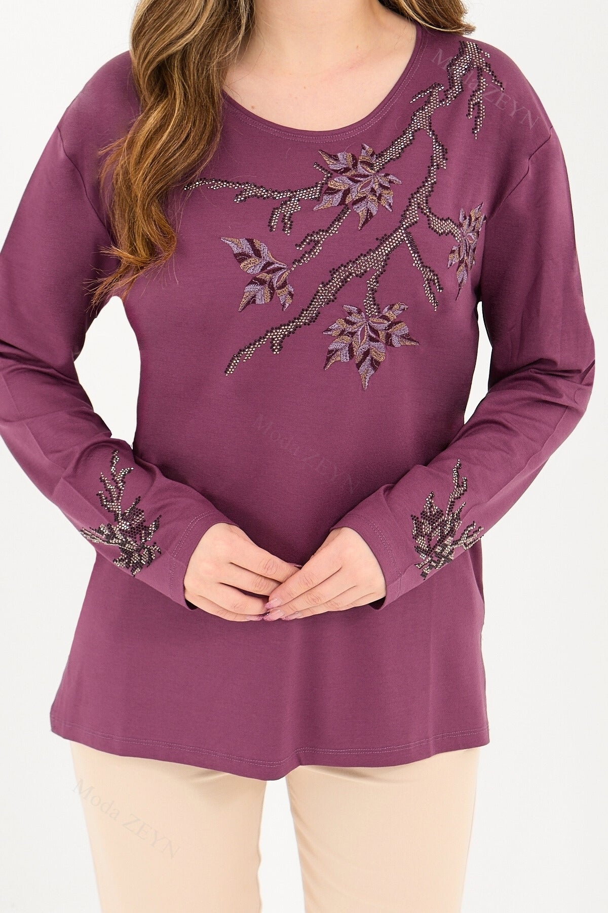 Kadın Orta Yaş Ve Üzeri Viskon Renkli Yaprak Desenli Taşlı İşlemeli Likralı Kahverengi Anne Penye Bl