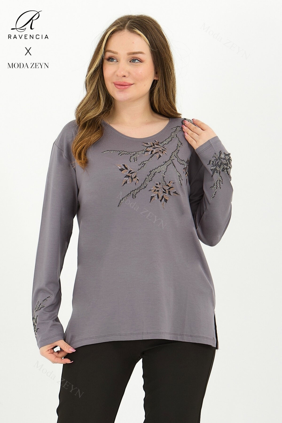 Kadın Orta Yaş Ve Üzeri Viskon Renkli Yaprak Desenli Taşlı İşlemeli Likralı Kahverengi Anne Penye Bl