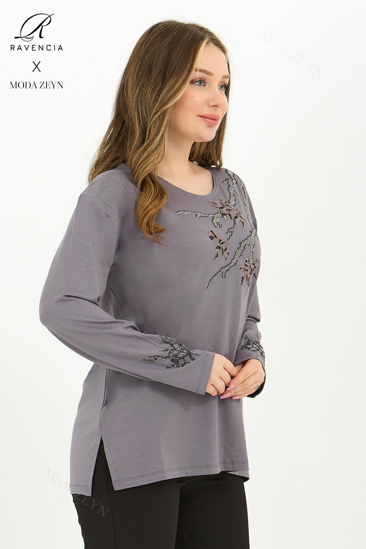 Kadın Orta Yaş Ve Üzeri Viskon Renkli Yaprak Desenli Taşlı İşlemeli Likralı Kahverengi Anne Penye Bl