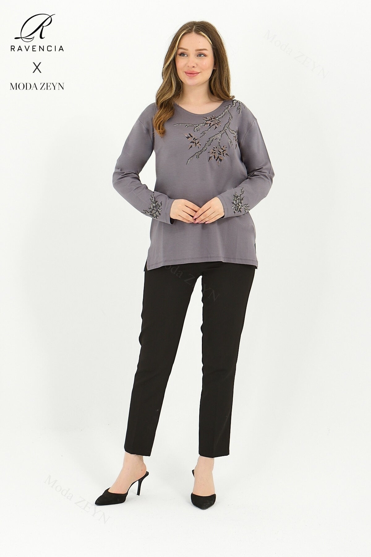 Kadın Orta Yaş Ve Üzeri Viskon Renkli Yaprak Desenli Taşlı İşlemeli Likralı Kahverengi Anne Penye Bl