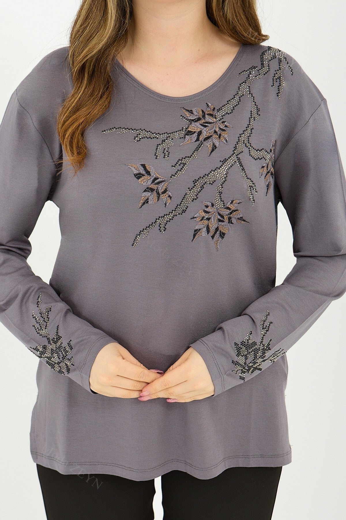 Kadın Orta Yaş Ve Üzeri Viskon Renkli Yaprak Desenli Taşlı İşlemeli Likralı Kahverengi Anne Penye Bl