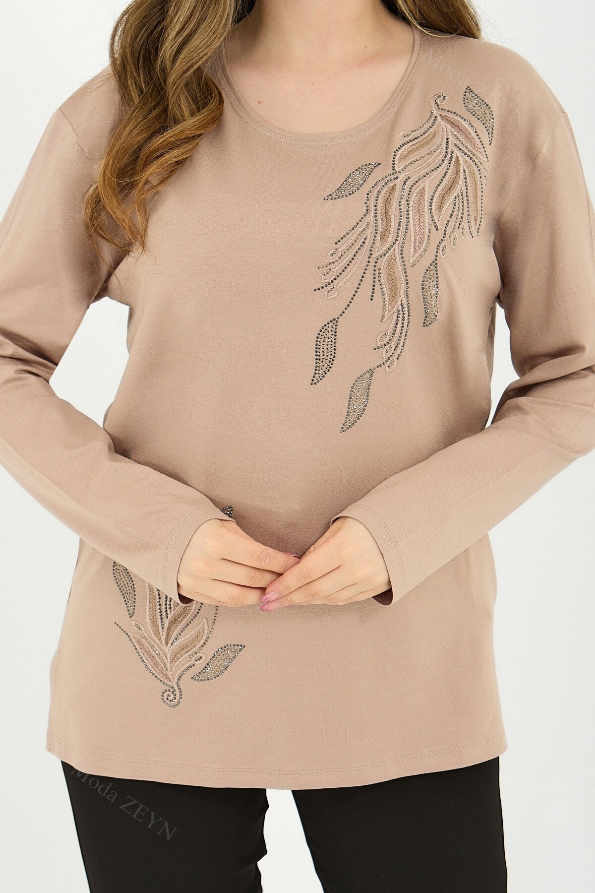 Kadın Viskon Renkli Yaprak Desen Taşlı İşlemeli Likralı Anne Penye Bluz