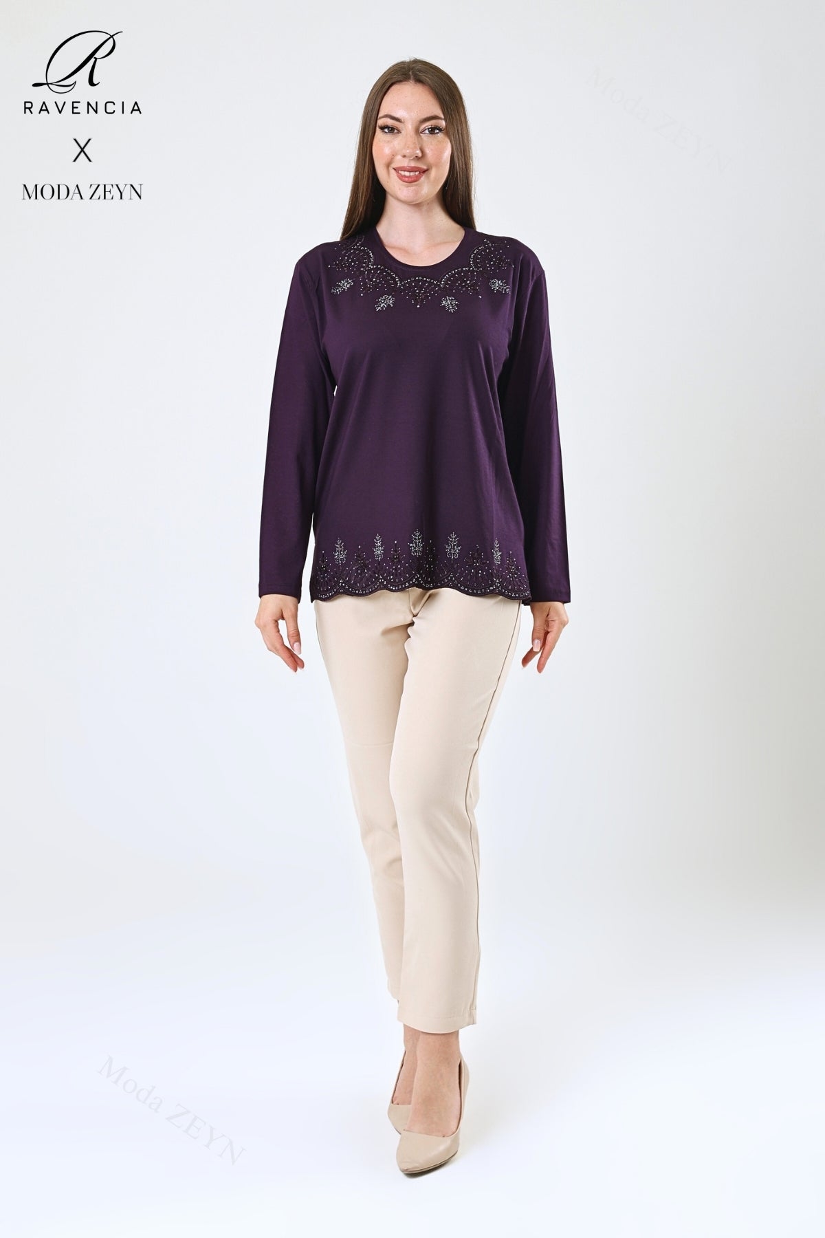 Kadın Yaprak Desenli Eteği Ve Yakası Taşlı Işlemeli Likralı Viskon Anne Penye Bluz