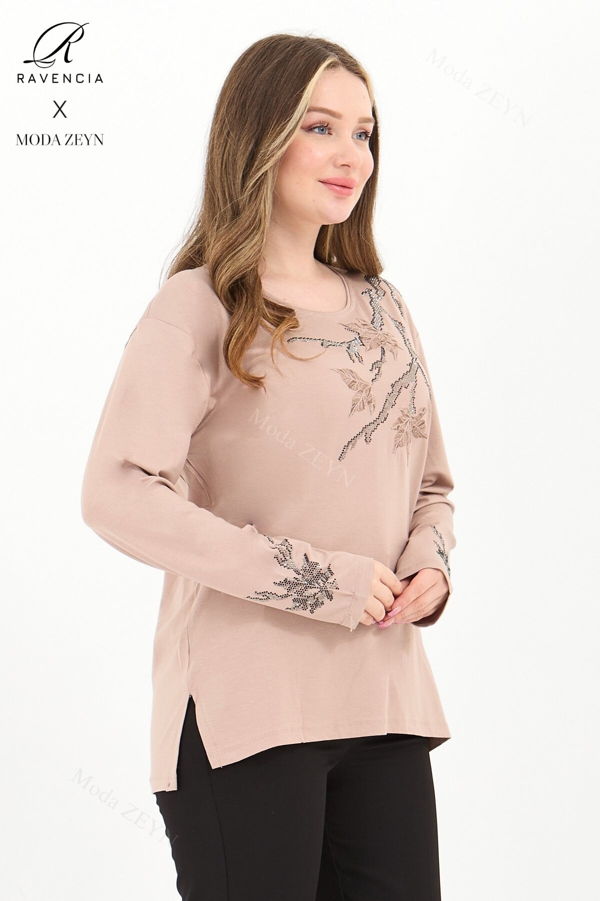 Kadın Orta Yaş Ve Üzeri Viskon Renkli Yaprak Desenli Taşlı İşlemeli Likralı Kahverengi Anne Penye Bl