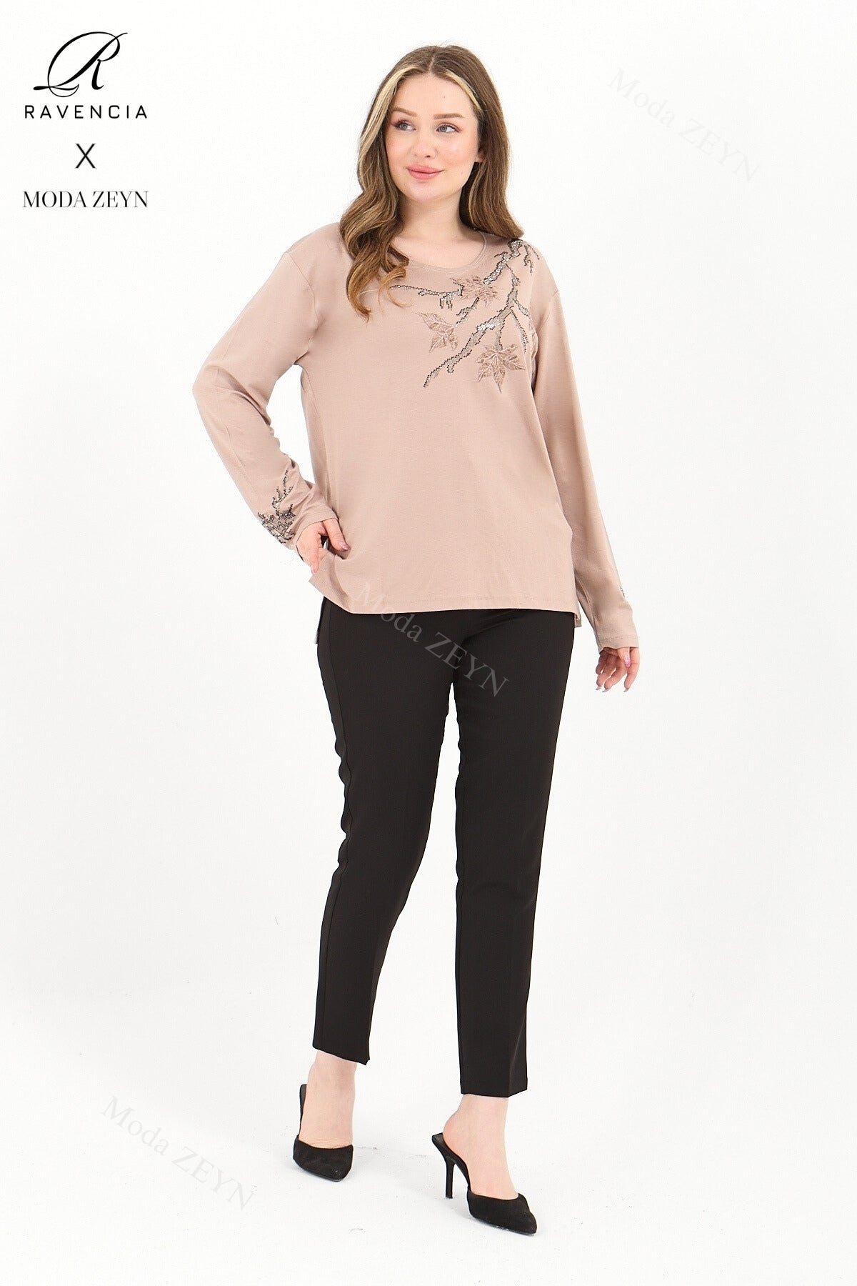 Kadın Orta Yaş Ve Üzeri Viskon Renkli Yaprak Desenli Taşlı İşlemeli Likralı Kahverengi Anne Penye Bl