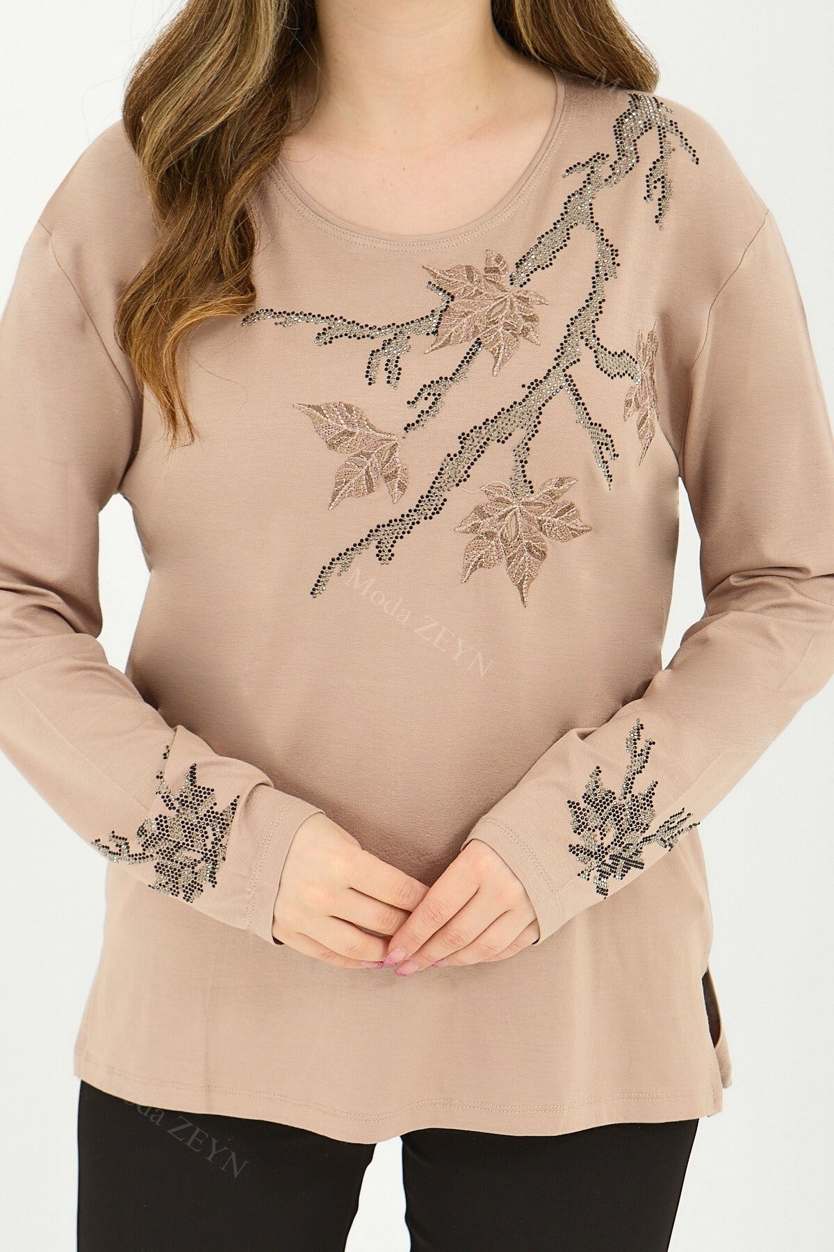 Kadın Orta Yaş Ve Üzeri Viskon Renkli Yaprak Desenli Taşlı İşlemeli Likralı Kahverengi Anne Penye Bl