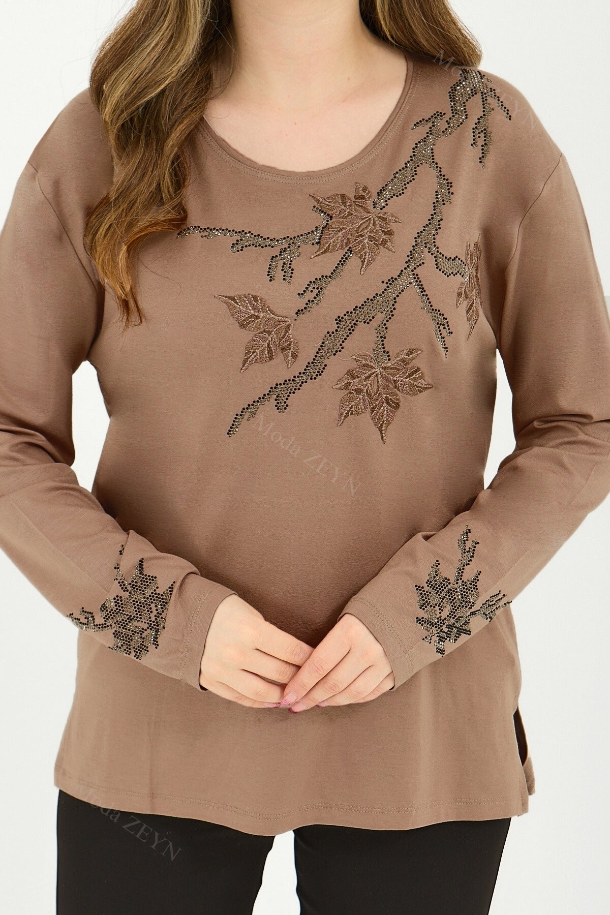 Kadın Orta Yaş Ve Üzeri Viskon Renkli Yaprak Desenli Taşlı İşlemeli Likralı Kahverengi Anne Penye Bl