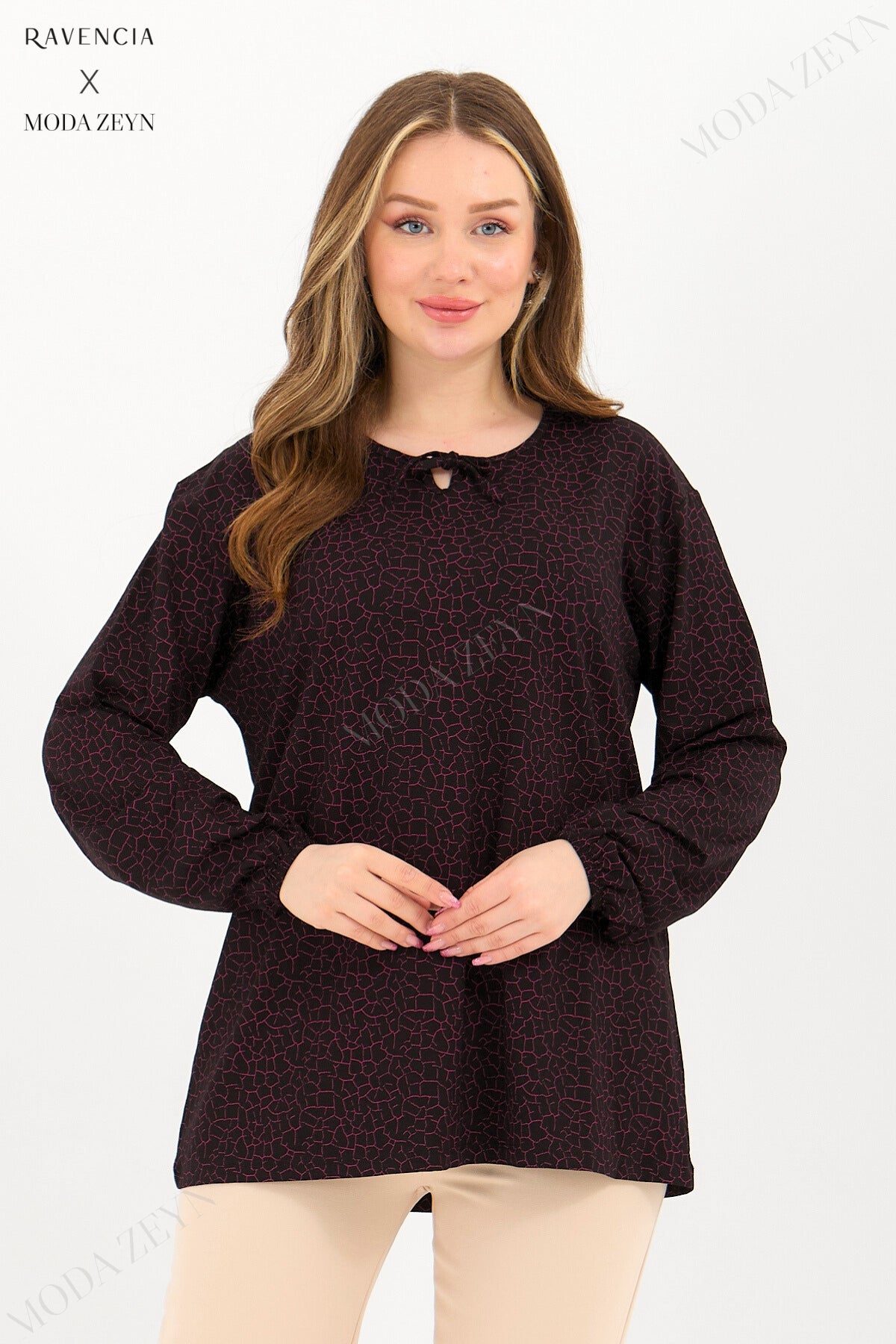 Kadın Orta Yaş Ve Üzeri Cam Kırığı Desen Likralı Mavi-Beyaz Anne Penye Bluz