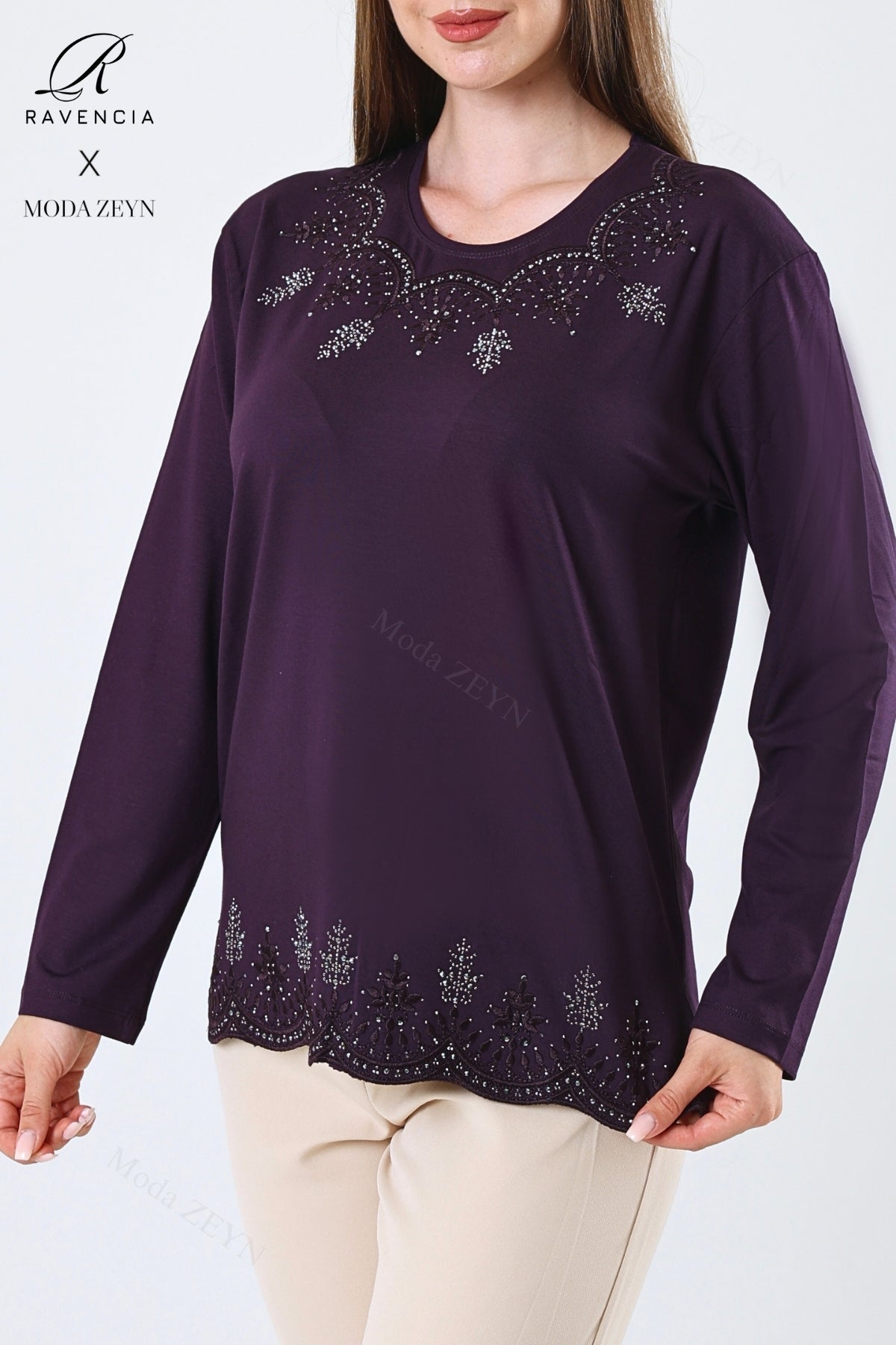 Kadın Yaprak Desenli Eteği Ve Yakası Taşlı Işlemeli Likralı Viskon Anne Penye Bluz