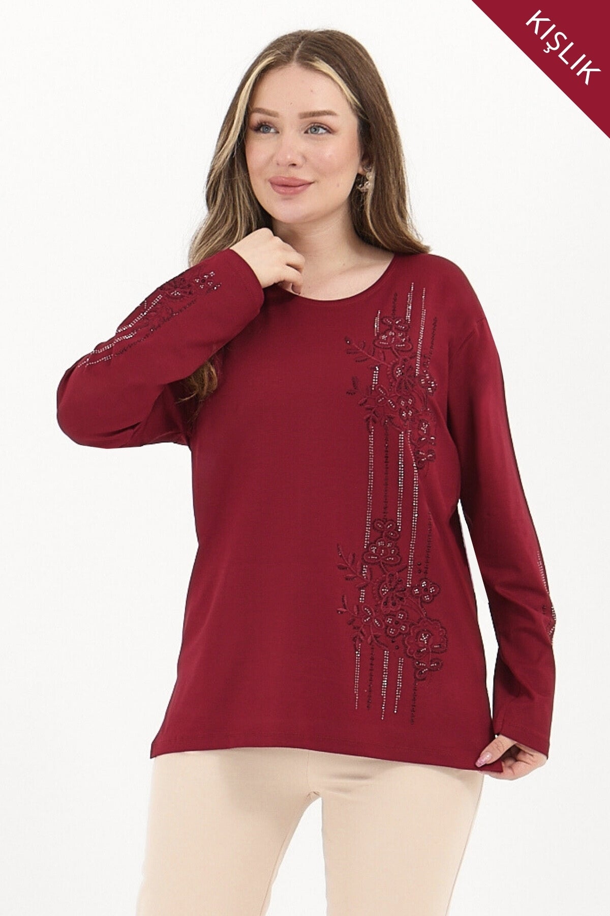 Kadın Kışlık Orta Yaş Ve Üzeri Viskon Şerit Desen Taşlı Işlemeli Likralı Anne Penye Bluz