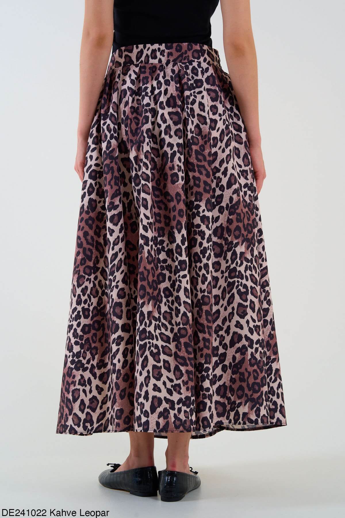 Kadın Leopar Desenli Yırtmaçlı Etek