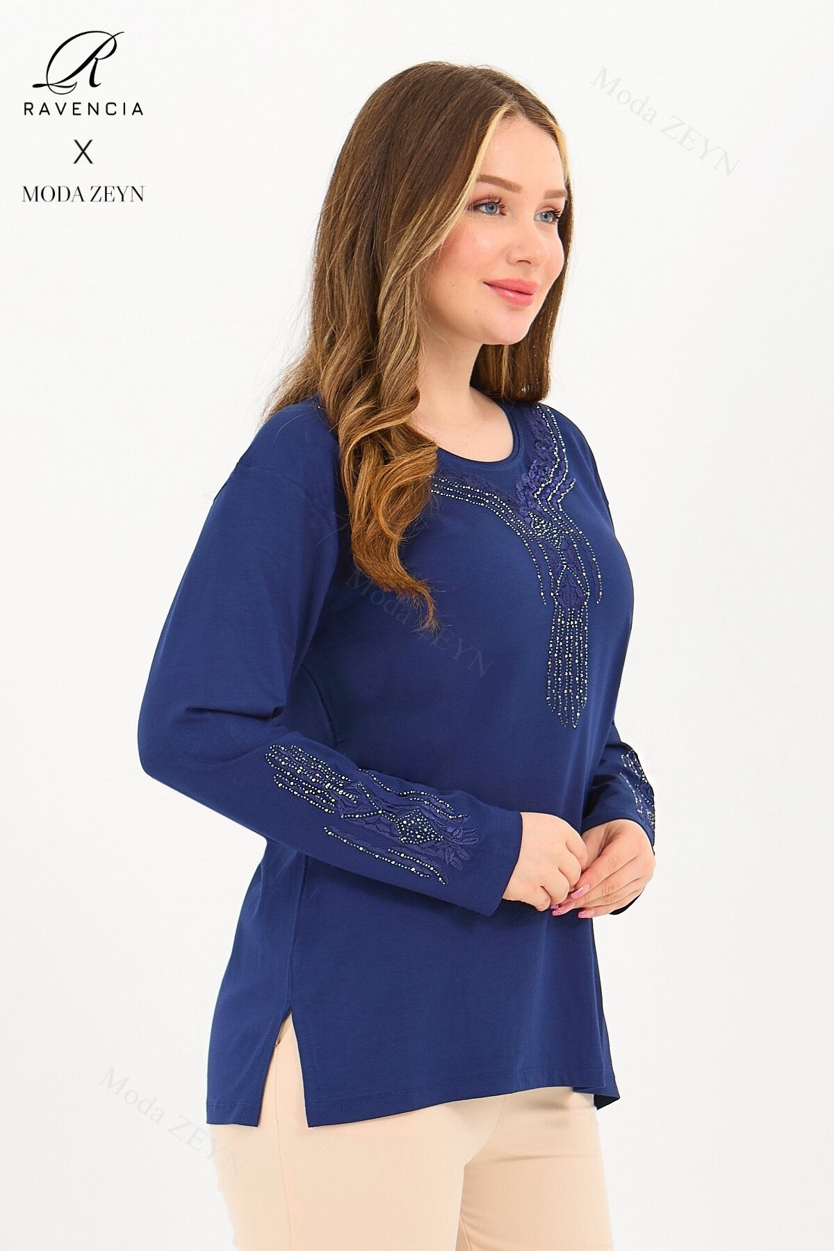 Kadın Orta Yaş Ve Üzeri Viskon Madolyon Desen Taşlı Işlemeli Likralı Anne Penye Bluz