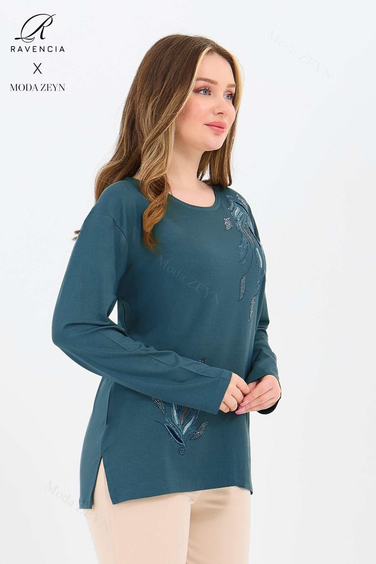 Kadın Orta Yaş Ve Üzeri Viskon Renkli Yaprak Desen Taşlı İşlemeli Likralı Anne Penye Bluz