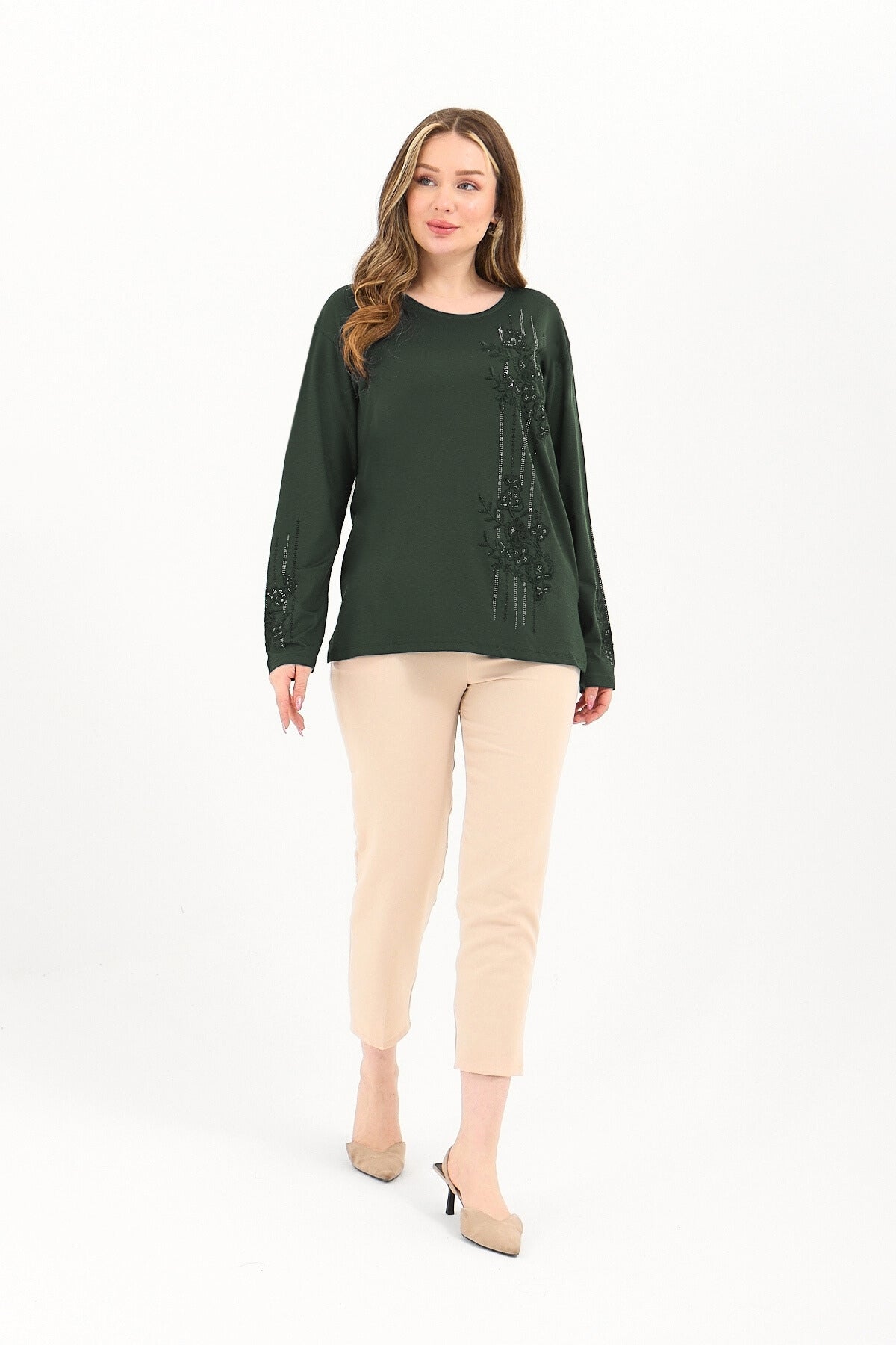 Kadın Kışlık Orta Yaş Ve Üzeri Viskon Şerit Desen Taşlı Işlemeli Likralı Anne Penye Bluz