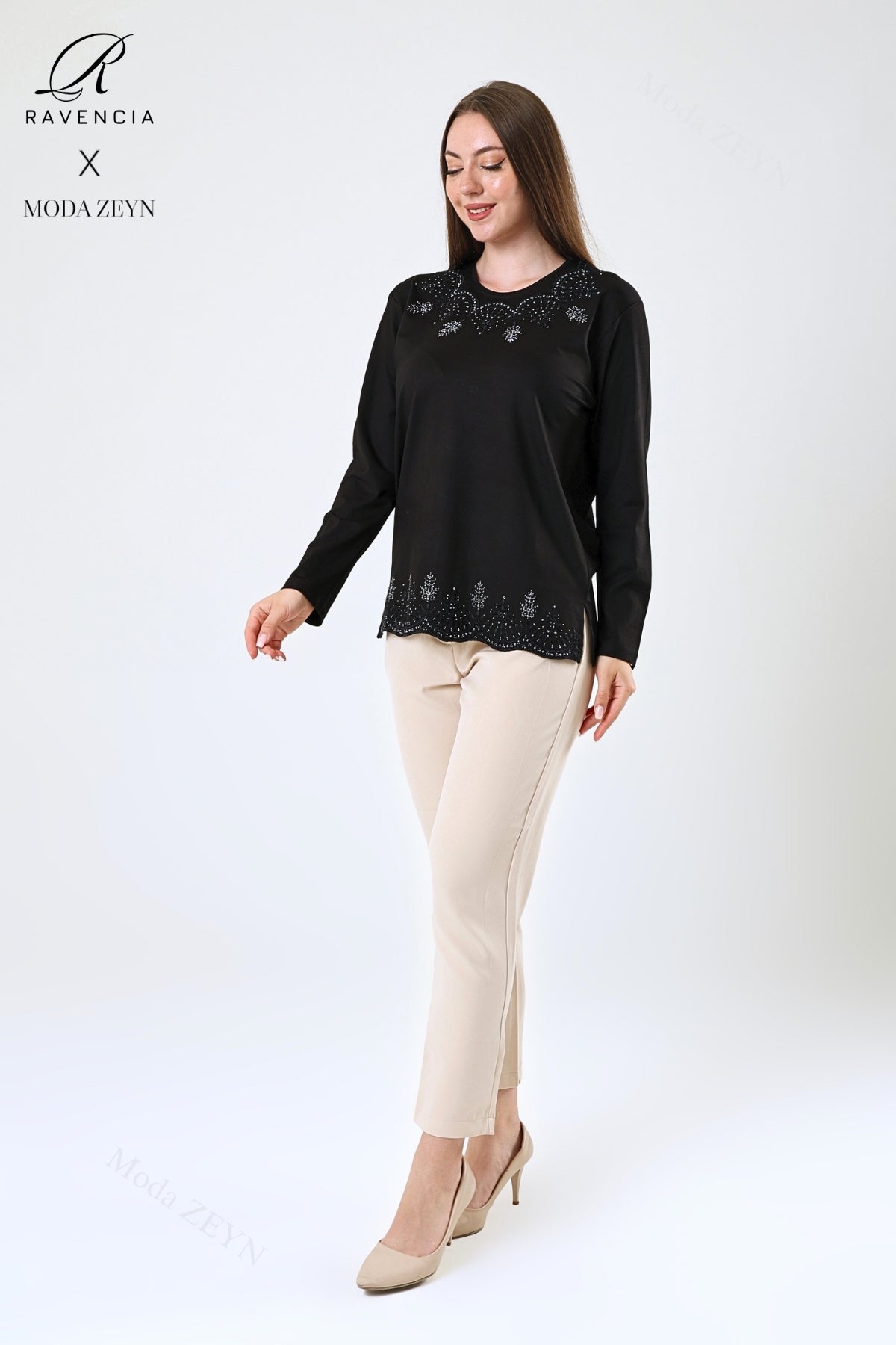 Kadın Orta Yaş Ve Üzeri Viskon Yaprak Desenli Eteği Yakası Taşlı Işlemeli Likralı Zümrüt Anne Penye