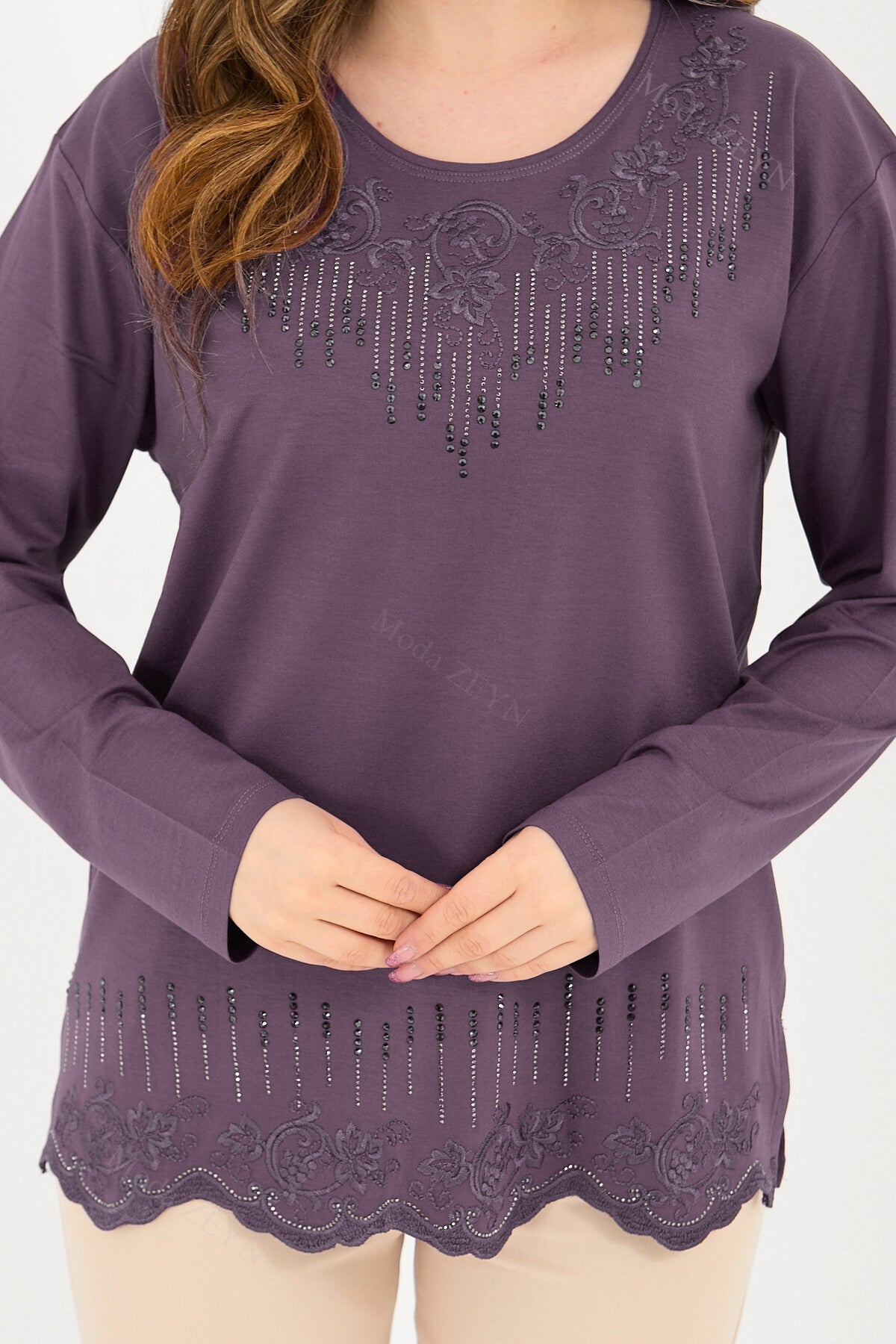Kadın Damla Desen Taşlı İşlemeli Likralı Yırtmaçlı Viskon Anne Penye Bluz