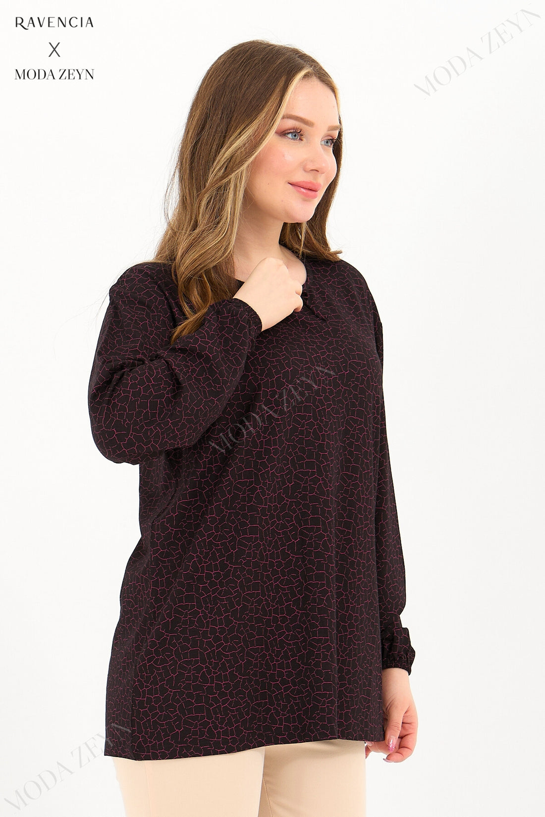 Kadın Orta Yaş Ve Üzeri Cam Kırığı Desen Likralı Mavi-Beyaz Anne Penye Bluz