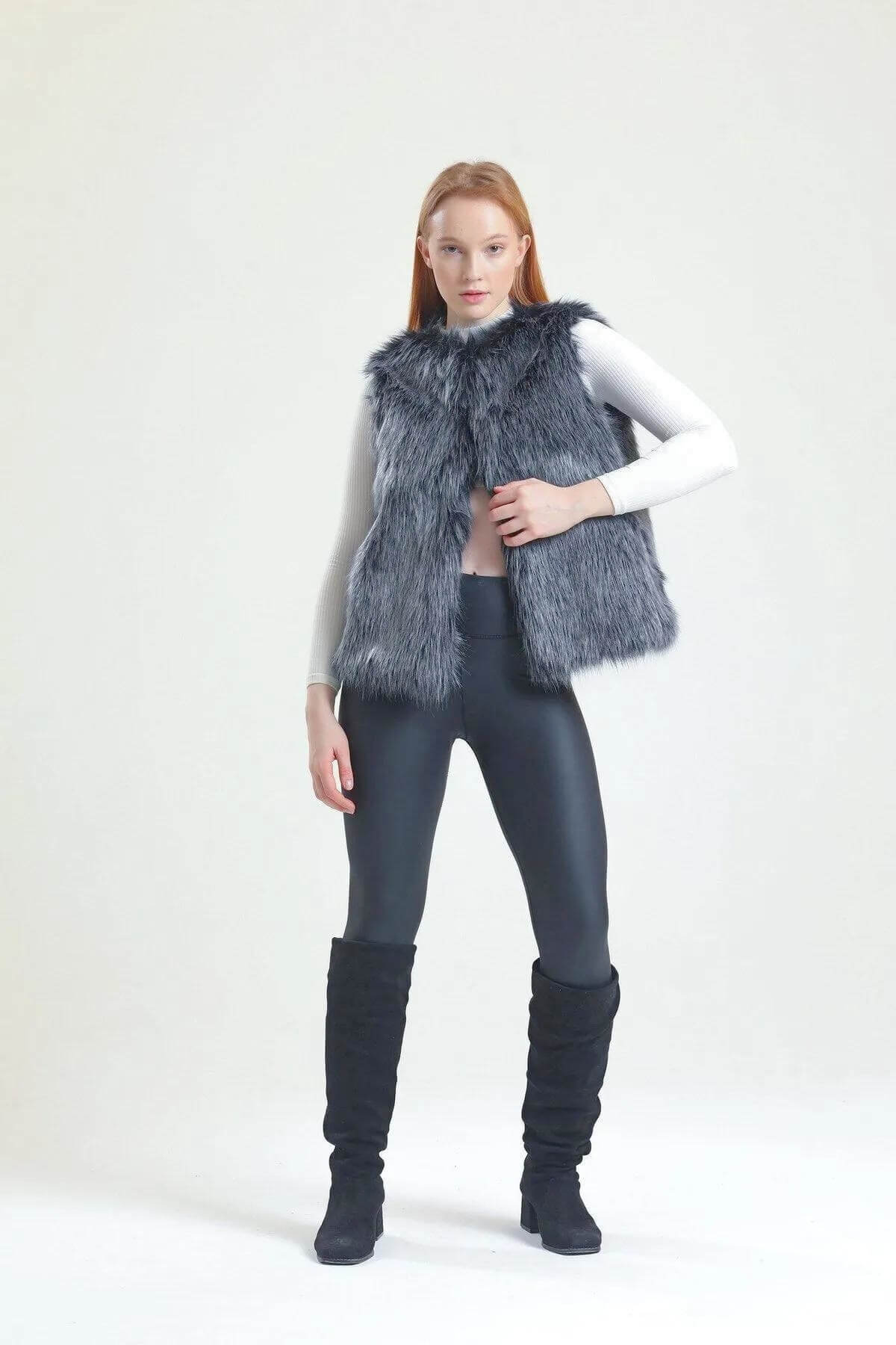 Kadın Premium Suni Kürk Antrasit Yelek