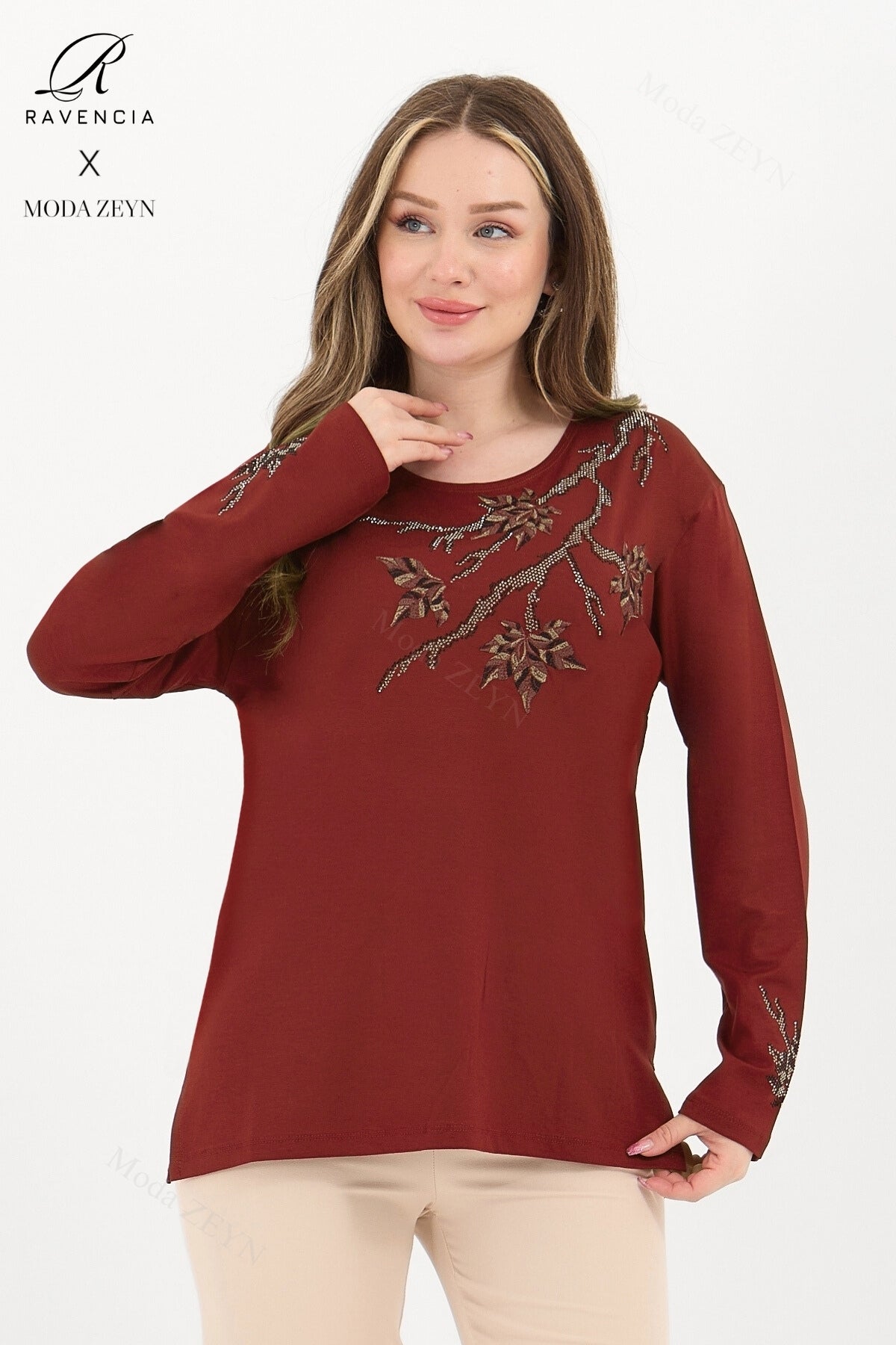 Kadın Orta Yaş Ve Üzeri Viskon Renkli Yaprak Desenli Taşlı İşlemeli Likralı Kahverengi Anne Penye Bl