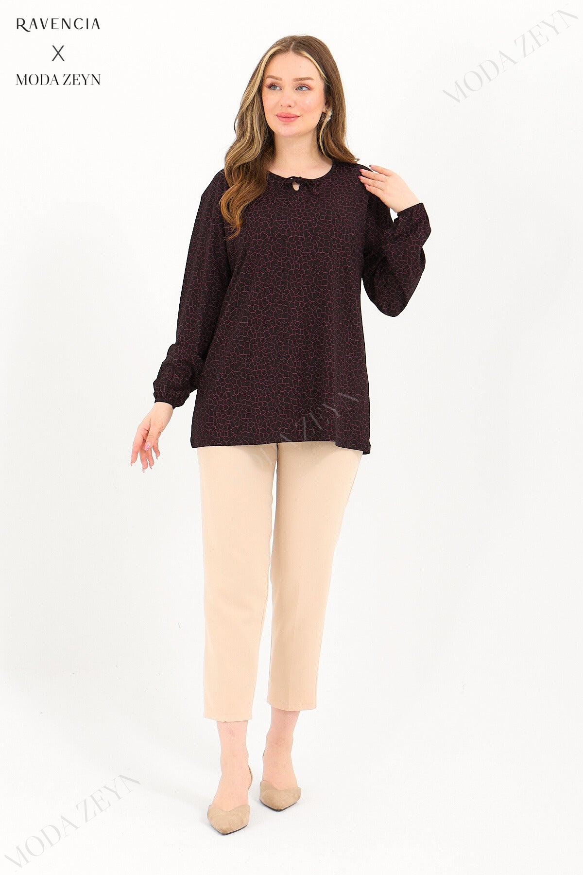 Kadın Orta Yaş Ve Üzeri Cam Kırığı Desen Likralı Mavi-Beyaz Anne Penye Bluz