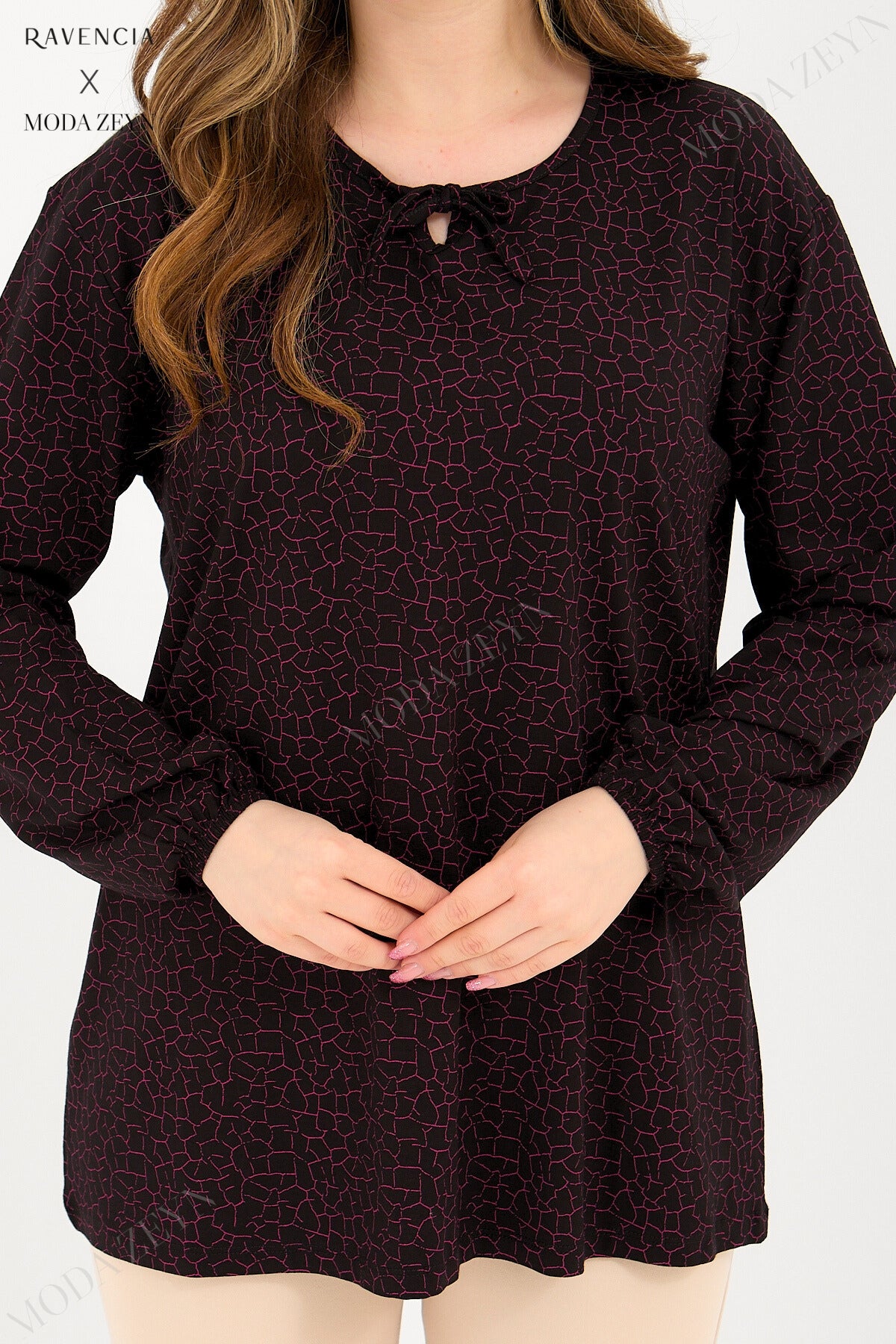 Kadın Orta Yaş Ve Üzeri Cam Kırığı Desen Likralı Mavi-Beyaz Anne Penye Bluz