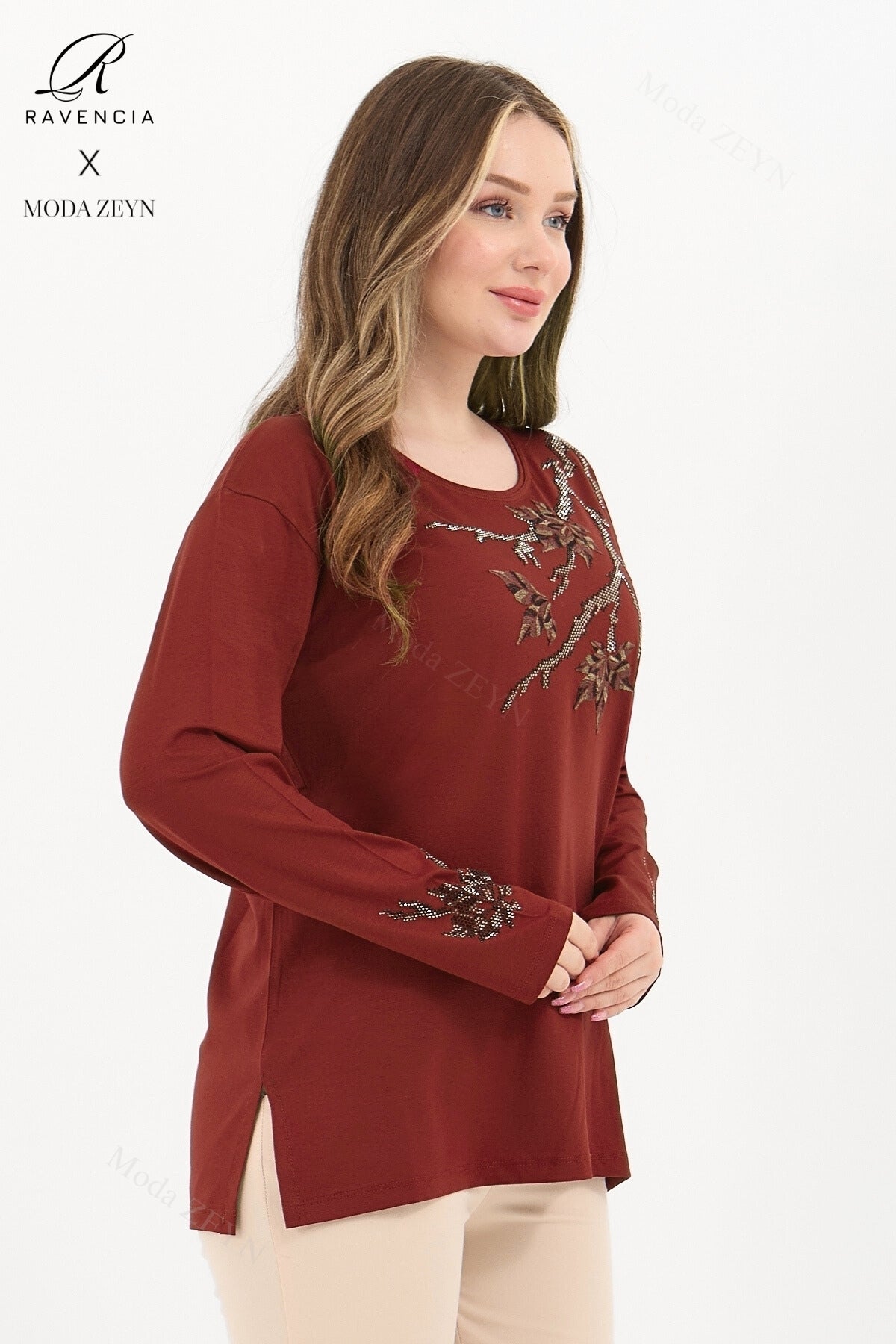 Kadın Orta Yaş Ve Üzeri Viskon Renkli Yaprak Desenli Taşlı İşlemeli Likralı Kahverengi Anne Penye Bl