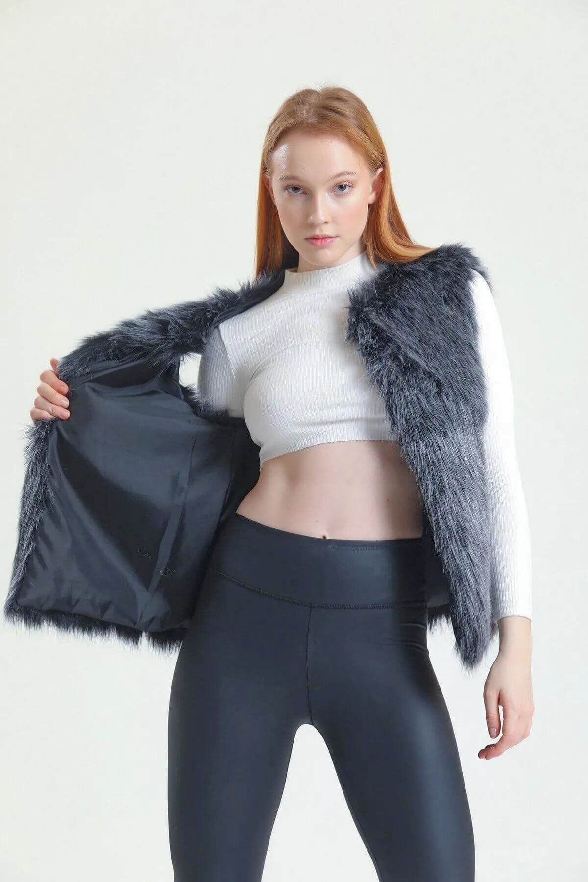 Kadın Premium Suni Kürk Antrasit Yelek