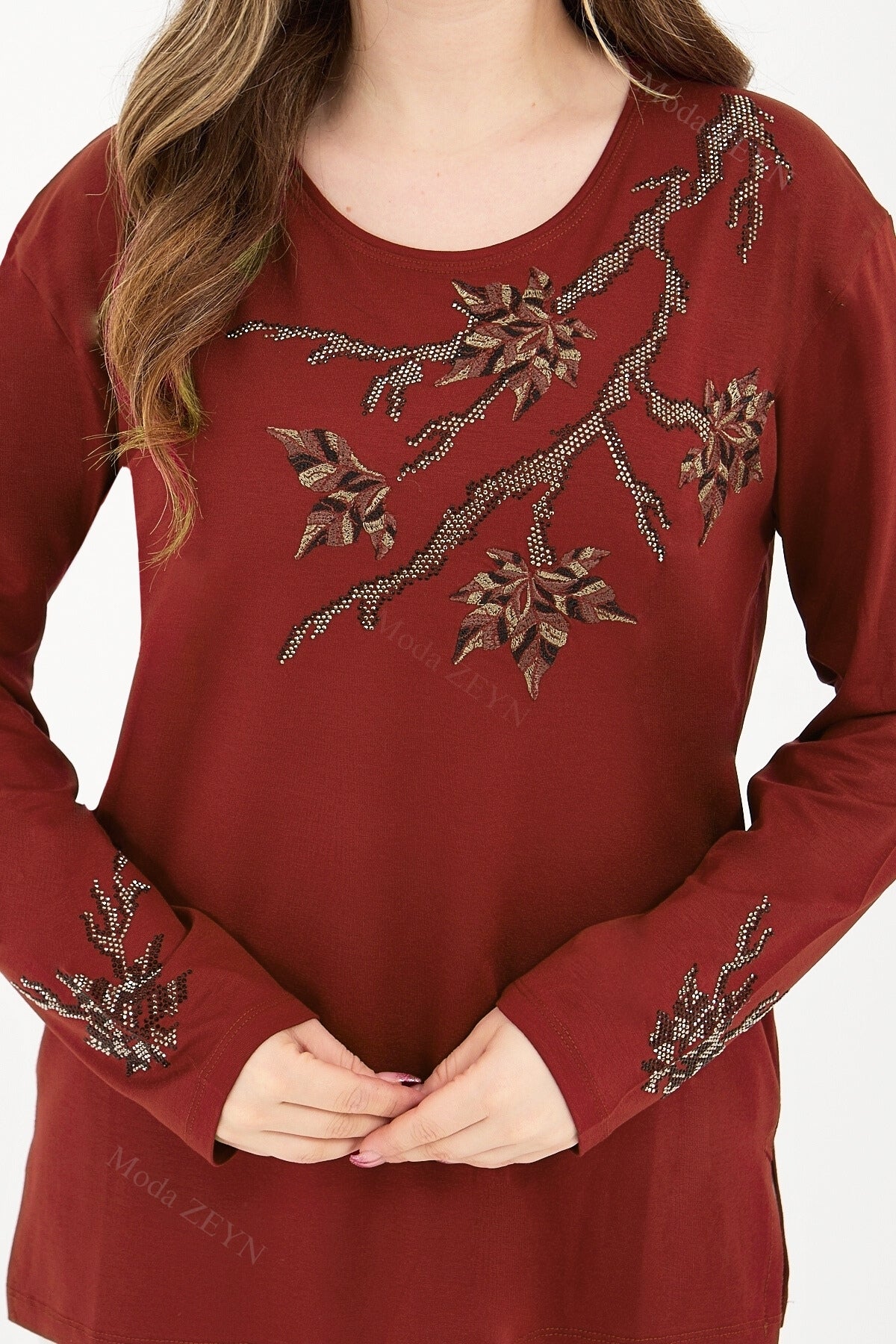 Kadın Orta Yaş Ve Üzeri Viskon Renkli Yaprak Desenli Taşlı İşlemeli Likralı Kahverengi Anne Penye Bl