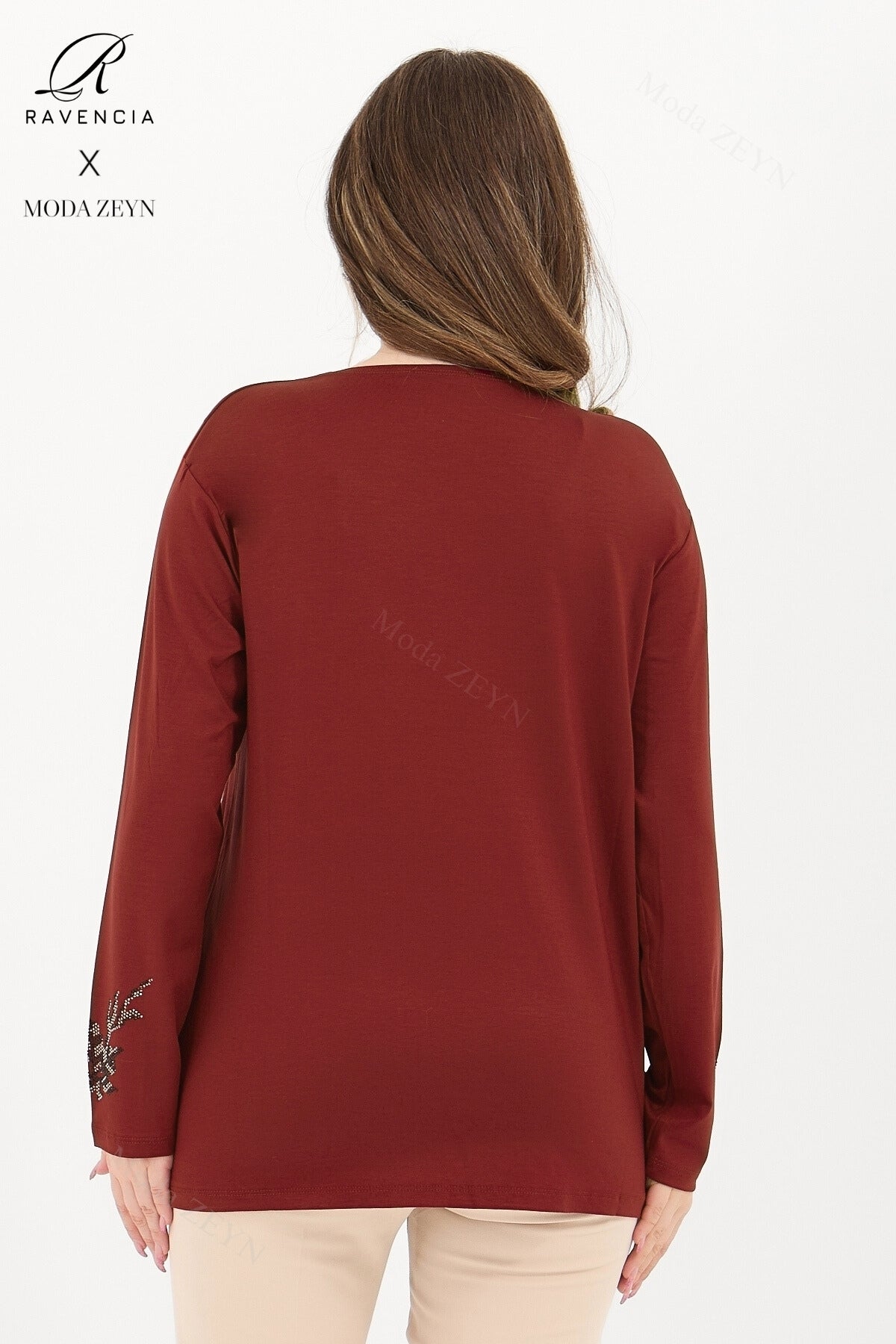 Kadın Orta Yaş Ve Üzeri Viskon Renkli Yaprak Desenli Taşlı İşlemeli Likralı Kahverengi Anne Penye Bl