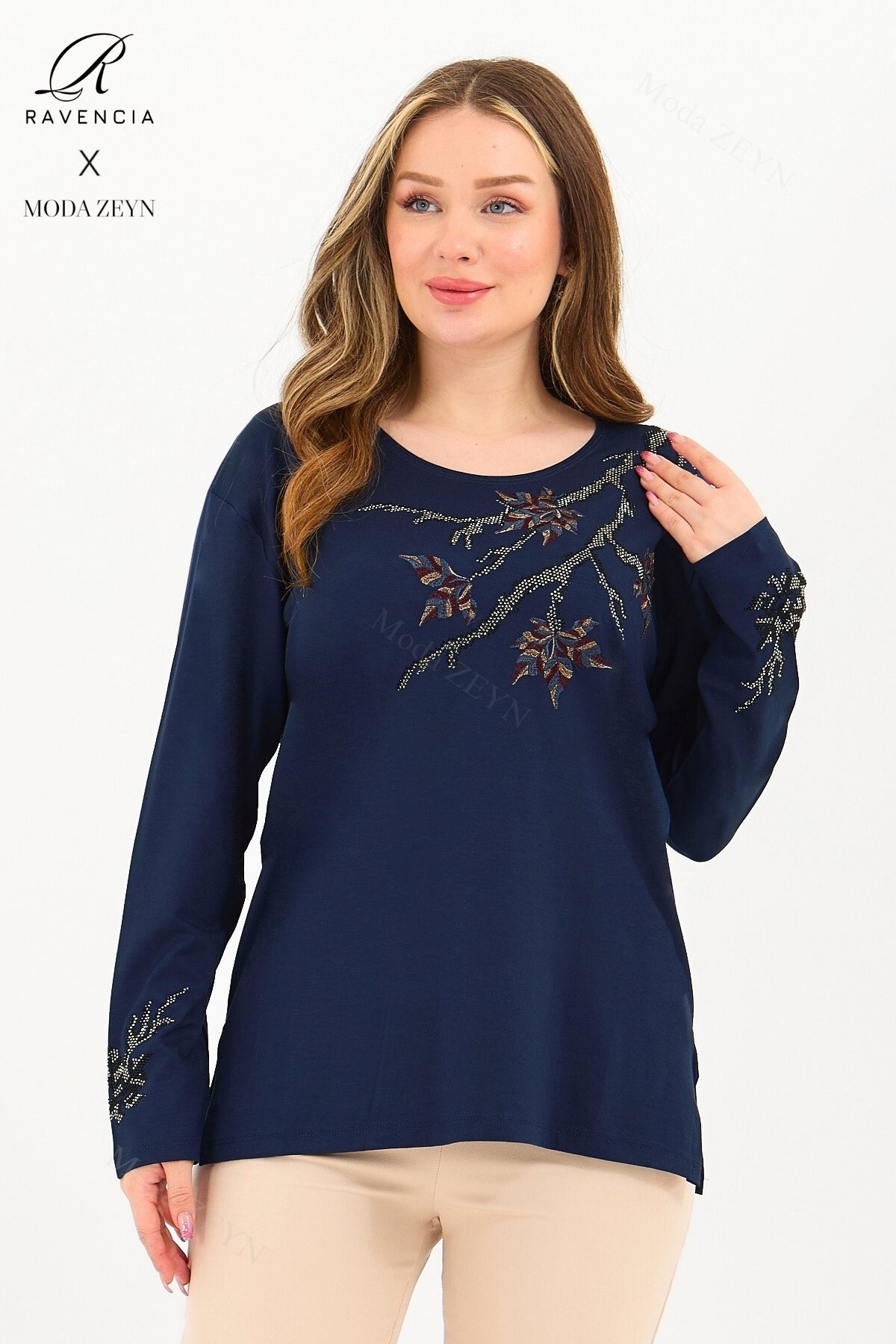 Kadın Orta Yaş Ve Üzeri Viskon Renkli Yaprak Desenli Taşlı İşlemeli Likralı Kahverengi Anne Penye Bl