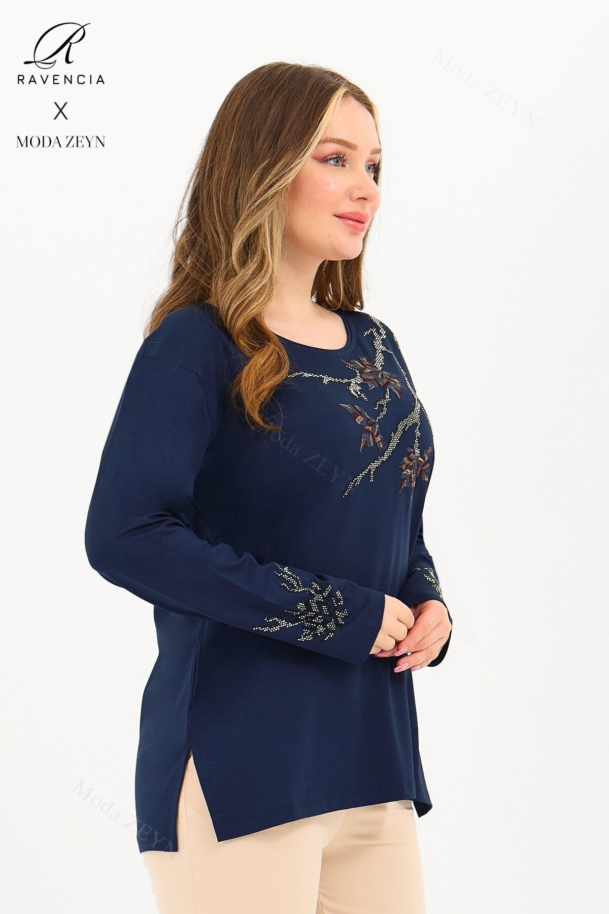 Kadın Orta Yaş Ve Üzeri Viskon Renkli Yaprak Desenli Taşlı İşlemeli Likralı Kahverengi Anne Penye Bl